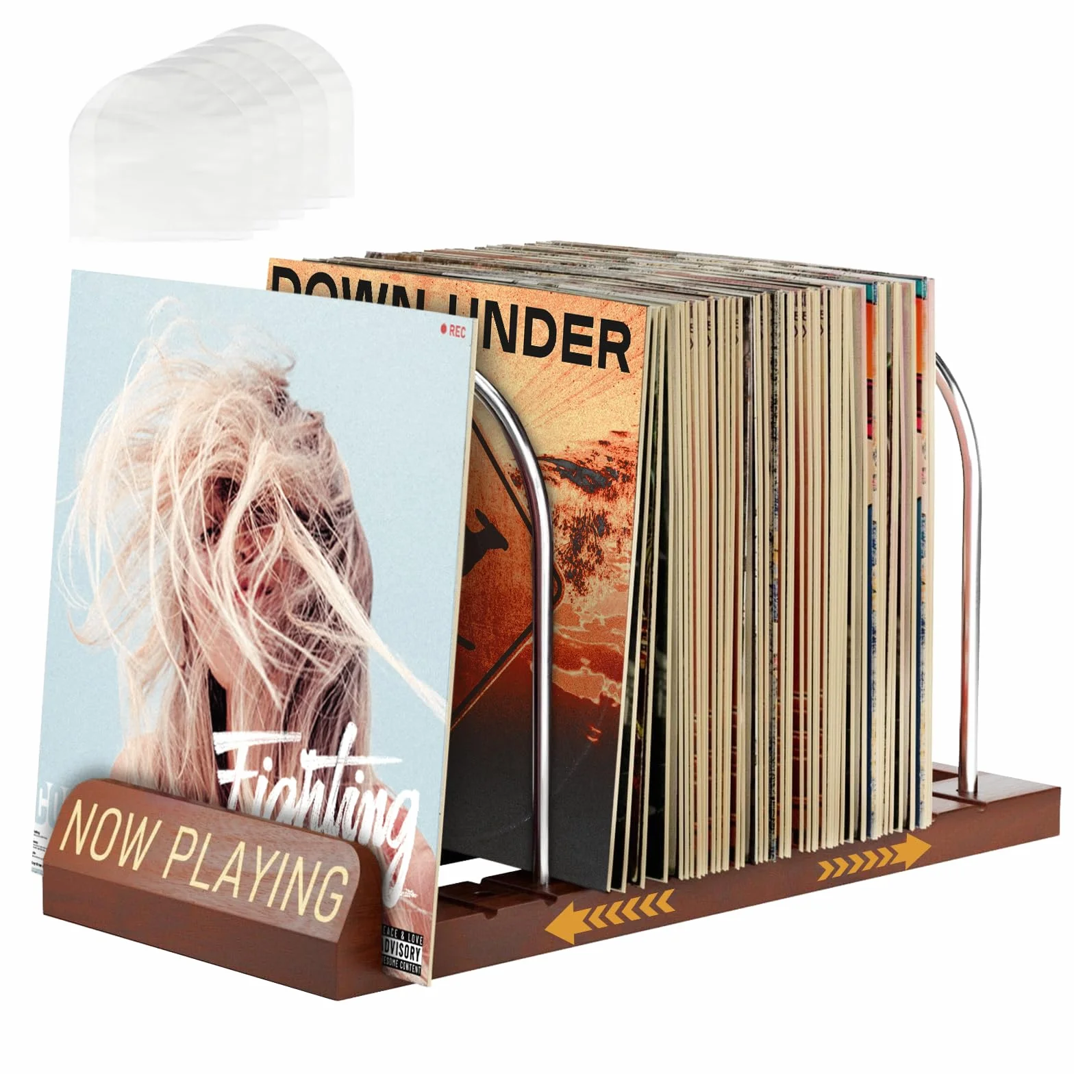 Soporte para discos de vinilo escalable retro para 30 – 70 LPs, soporte de vinilo Now Playing de madera y metal, soporte LP para CD, álbumes, con 5 bolsillos interiores
