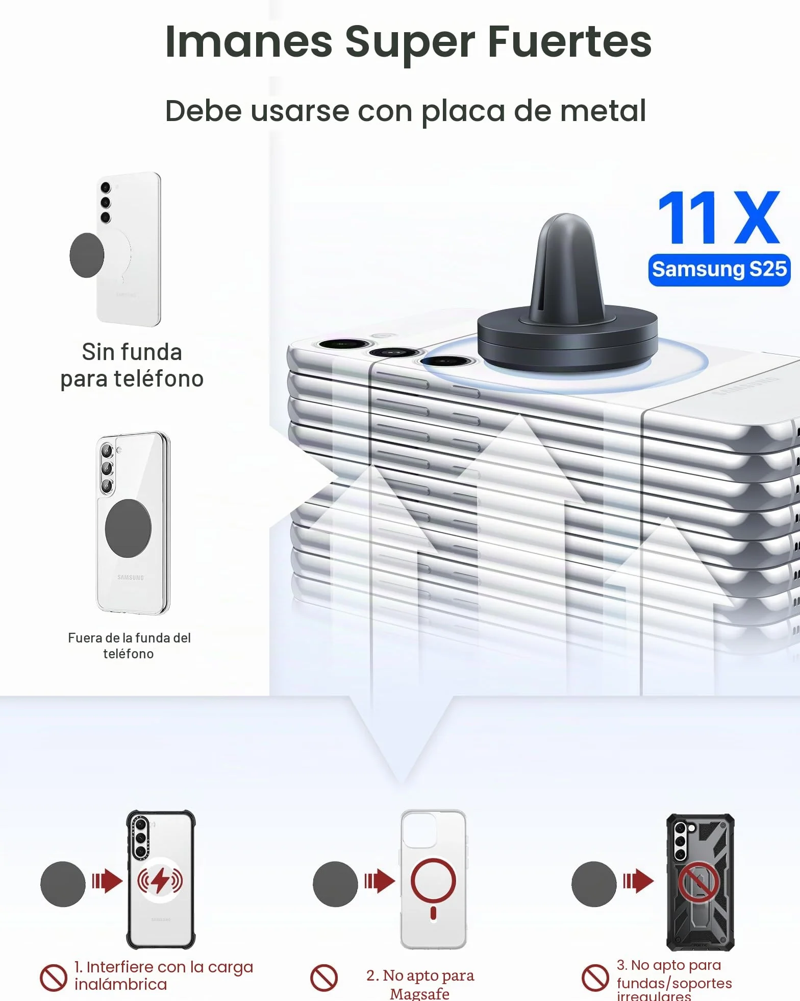YOSH Soporte Movil Coche Iman, Soporte Magnetico Telefono Coche para Aire Ventilacion, Imanes Mejorados Mas Fuertes & Super Estable, Compatible con iPhone Samsung Huawei, Incluye Placas Metalicas