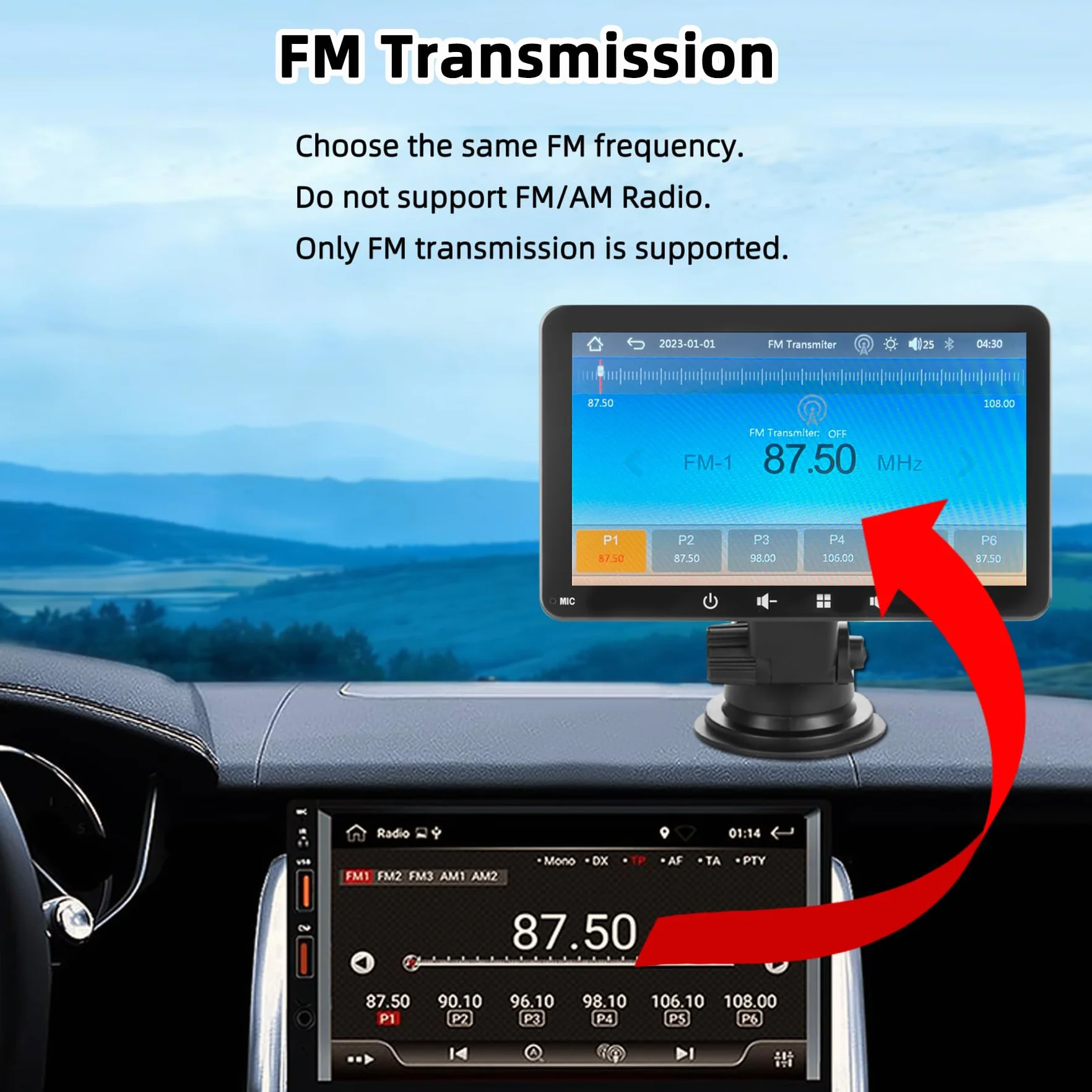 Pantalla Coche 7" con Carplay y Android Auto Inalámbrico - Radio Portatil con Pantalla Tactil | FM Transmisor, AUX, USB | Cámara Trasera | Plug & Play para la Mayoría de Coches (7 Pulgadas + cámara)