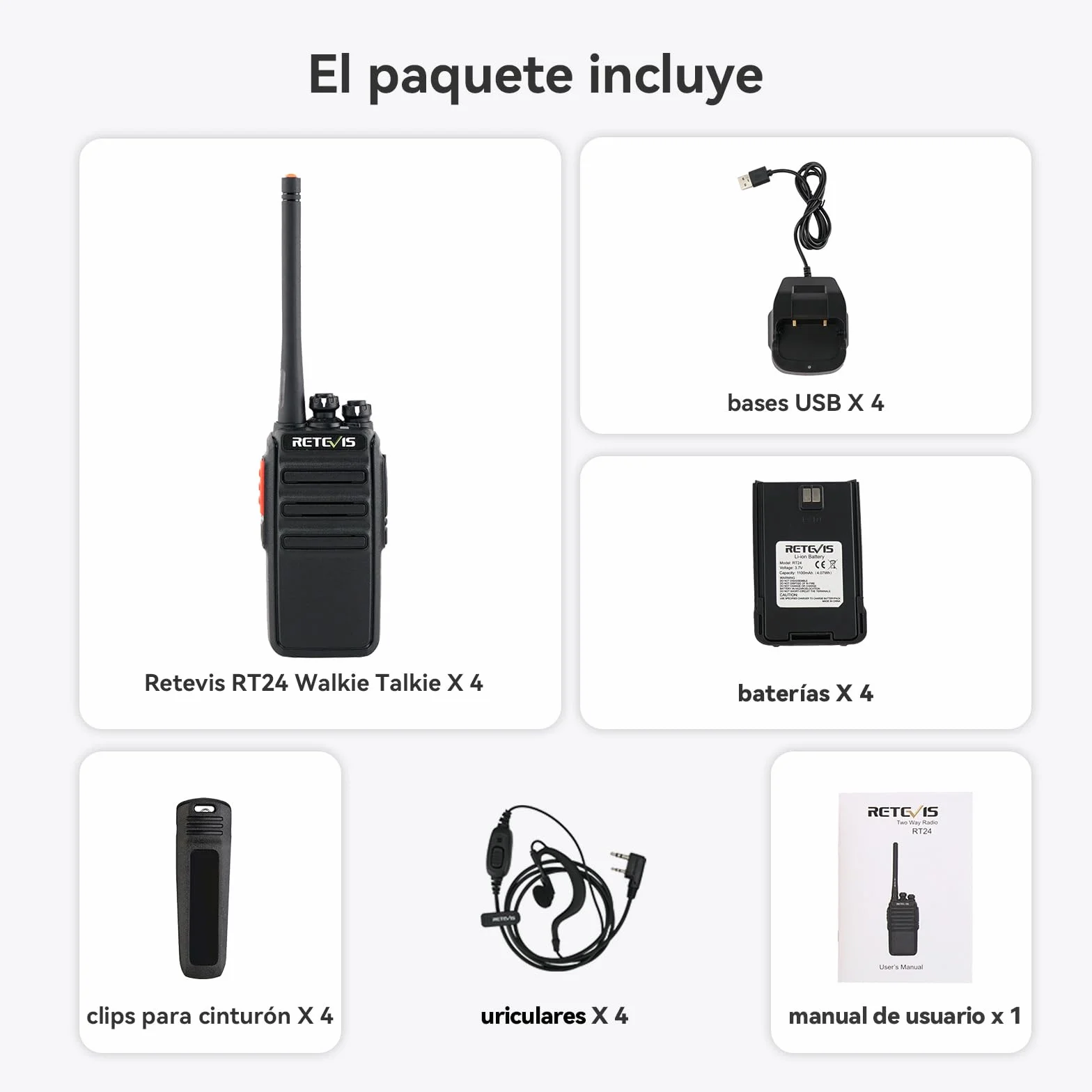 Retevis RT24 Walkie Talkie, Profesional Walkie-Talkies con Pinganillos PMR446 sin Licencia, Resistente VOX, Radiocomunicación de Largo Alcance con Cargador USB para Adultos(Negro,2 Pares)
