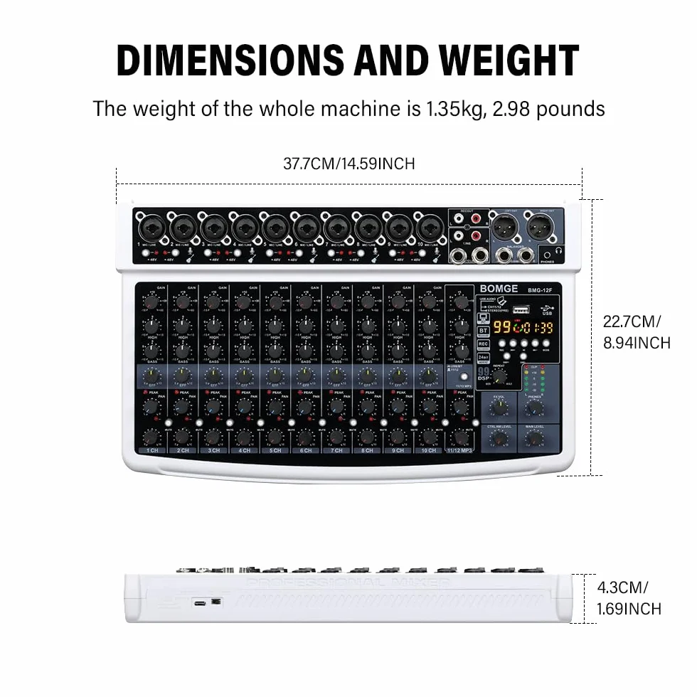 BOMGE Mezclador de audio profesional, 12 canales, Bluetooth, USB, alimentación de 48 V, entradas XLR/RCA, efectos DSP