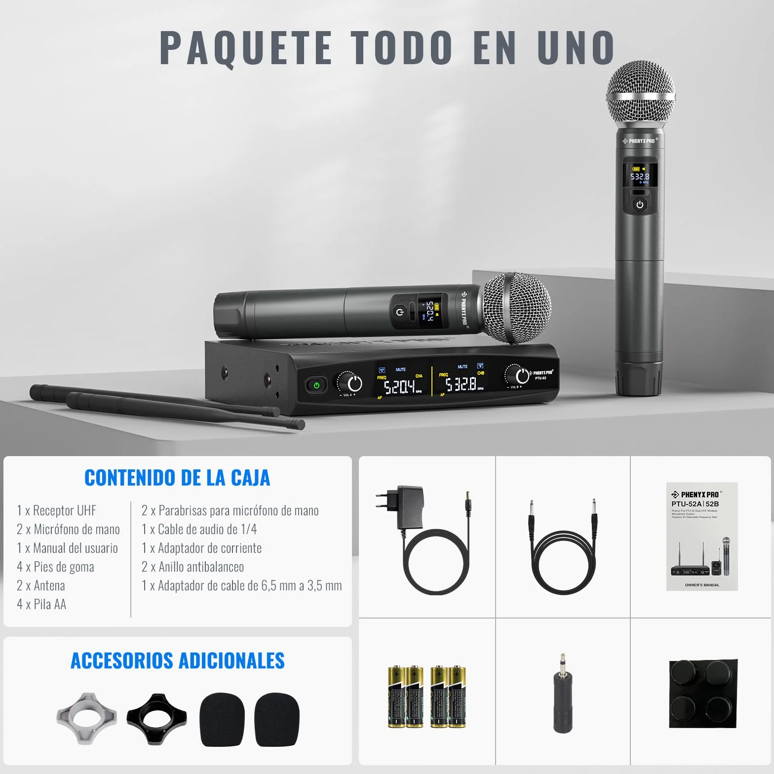 Phenyx Pro Sistema de Micrófono Inalámbrico de Metal, Micrófonos Dinámicos Inalámbricos de Mano para Canto, Karaoke, 2x30 Frecuencias Sintonizables UHF, Alcance de 200 pies (PTU-52-2H)