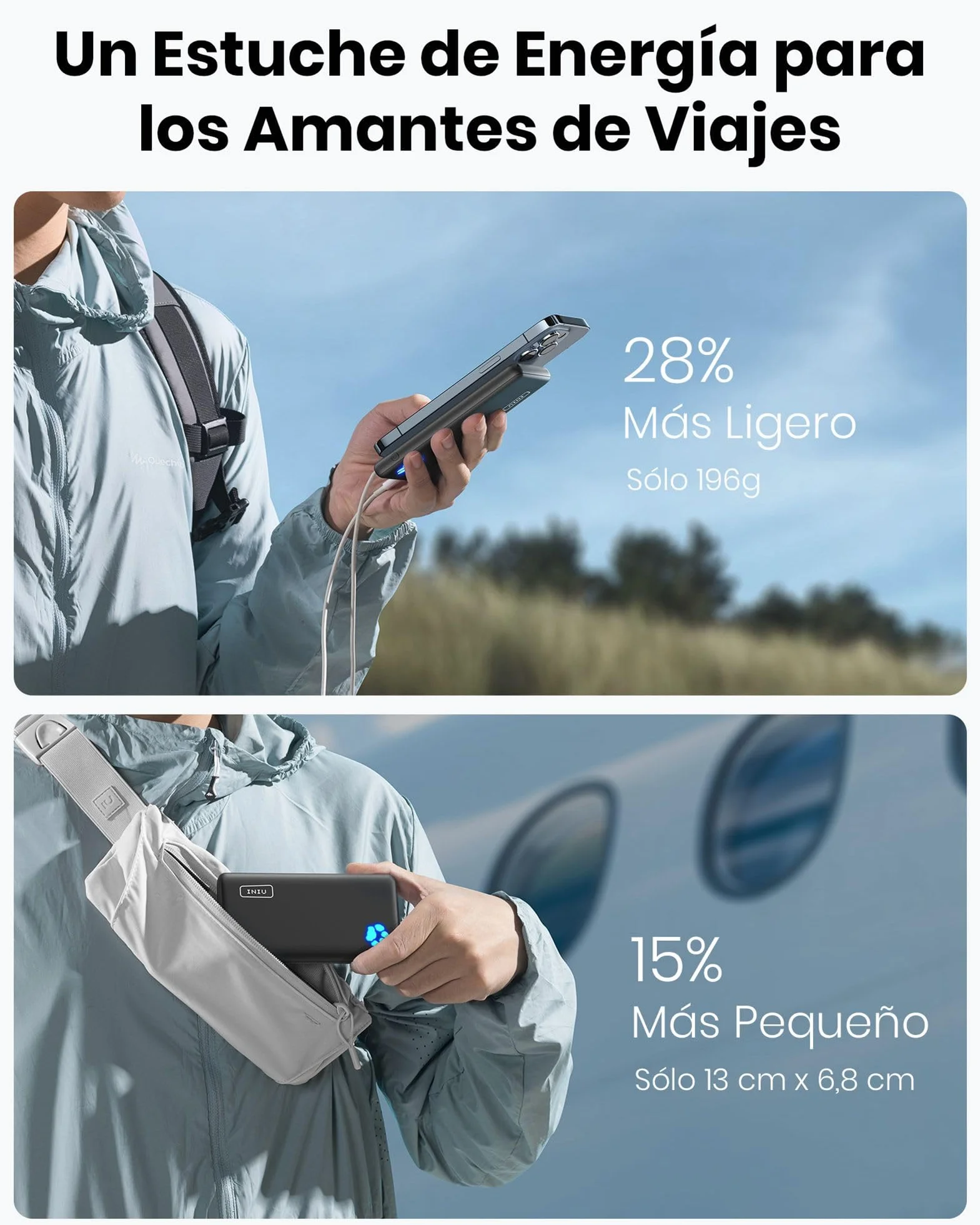 INIU Power Bank 10000mAh Triple 3A Alta Velocidad USB-C Bateria Externa Portatil con Linterna