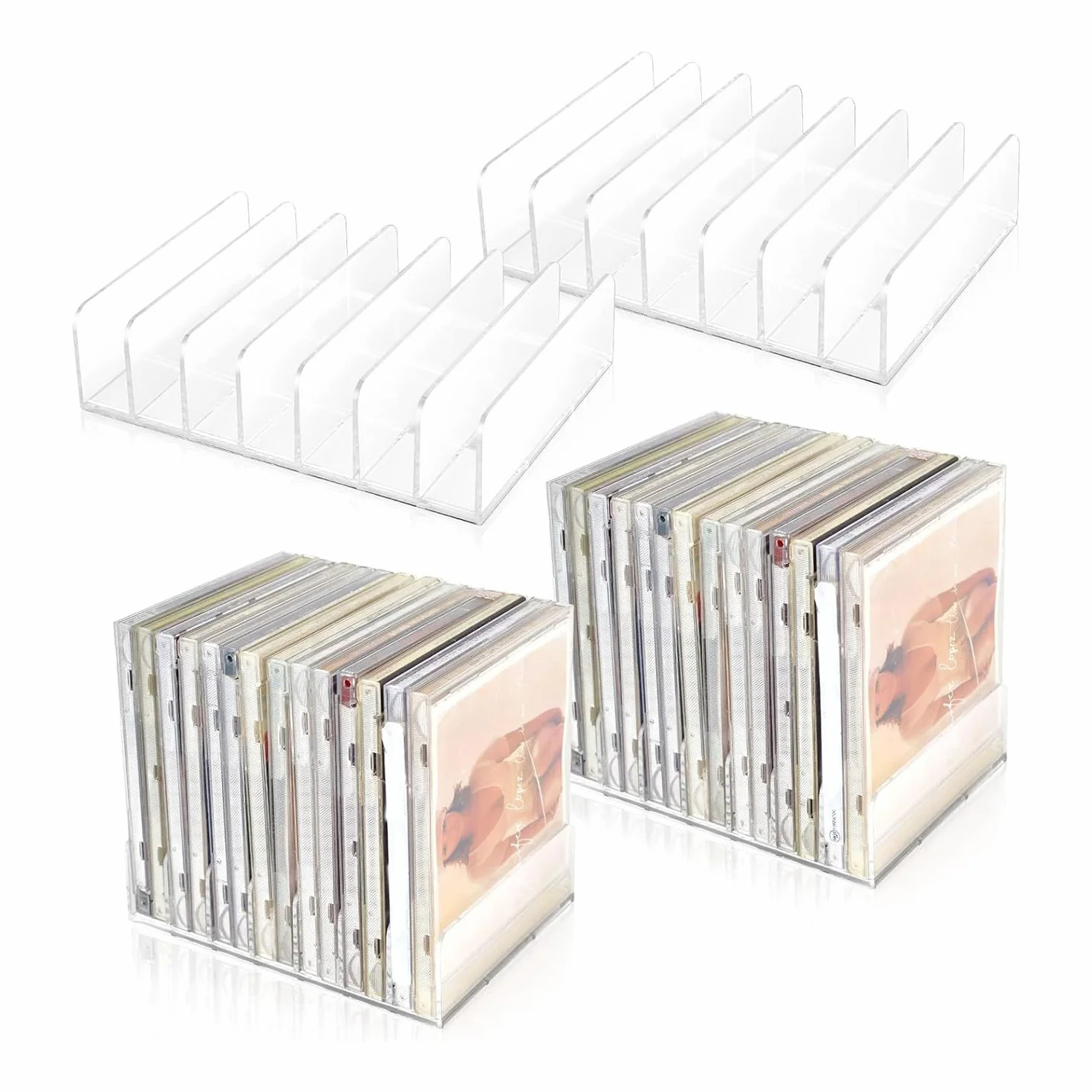 Soporte para CD y DVD en Acrílico Transparente, Expositor y Organizador de Almacenamiento con Bandeja, 4 Piezas, Fácil de Usar