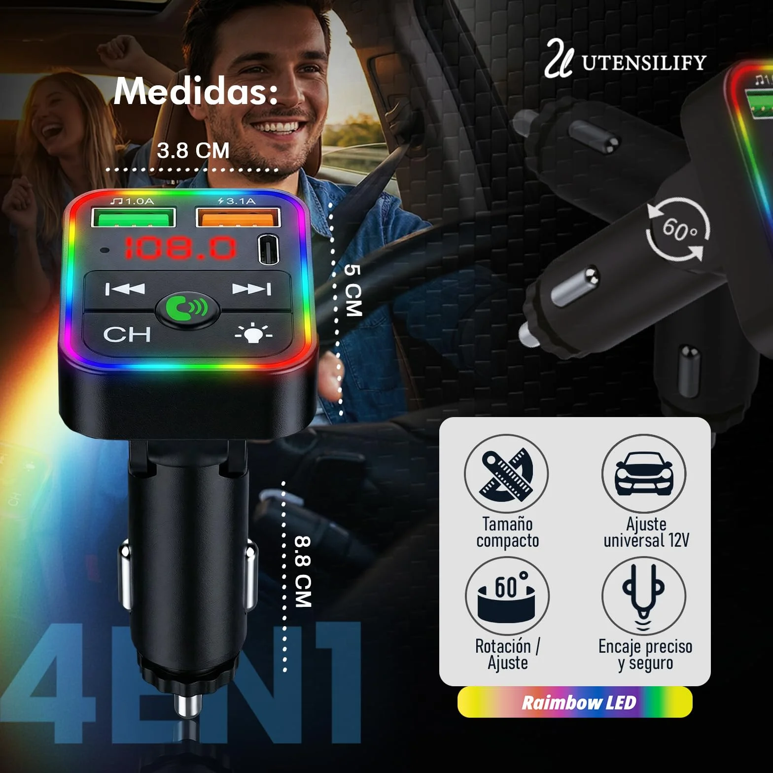 UTENSILIFY® Transmisor FM Bluetooth Coche Premium 5.3 Manos Libres Cargador Rápido
