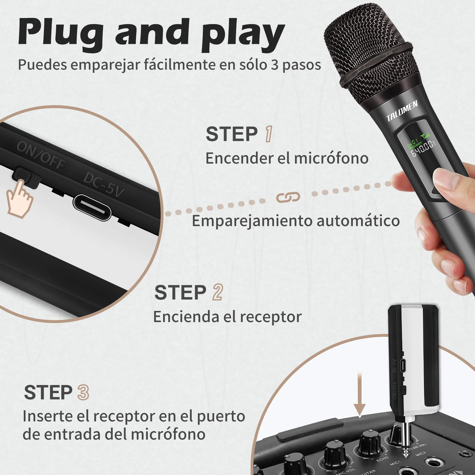 Talomen,Micrófono Inalámbrico,2.4G Daul Microfonos Inalambricos Set con Receptor,Microfono Inalambrico Karaoke Profesional,Microfono Dinámico Recargable,160ft,para Karaoke,Boda,DJ,Fiesta,Iglesia,K60-2