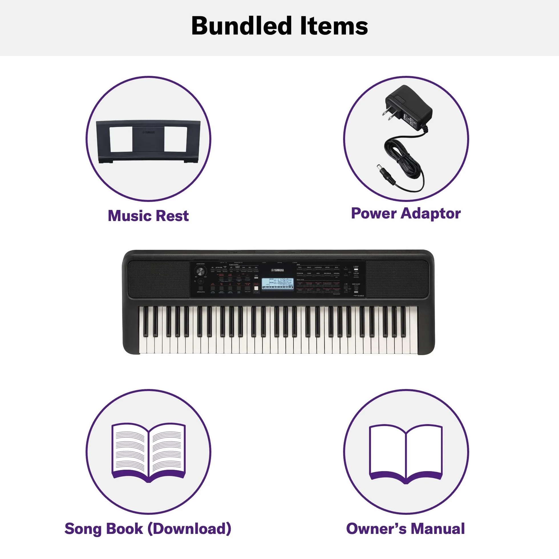 YAMAHA PSR-E383 Teclado portátil para principiantes, 650 voces de instrumentos auténticos y teclas sensibles a la pulsación con polifonía de 48 notas, incluye 2 clases online con un profesor