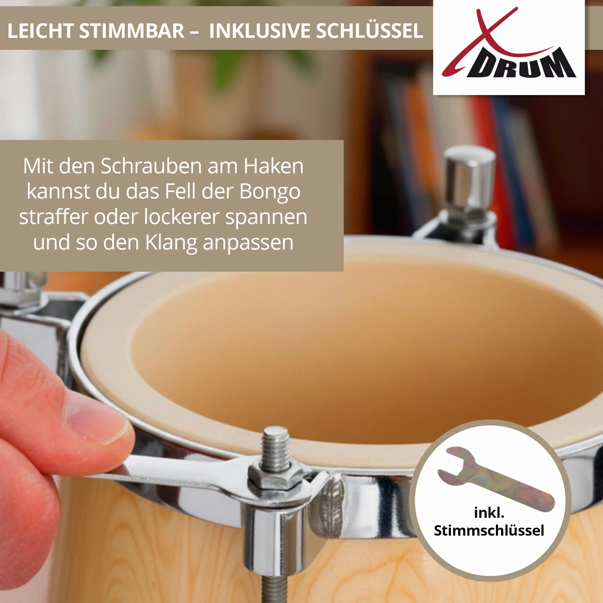 XDrum Bongos Pro Natur - 2 tambores con diámetros de 6,5" (17 cm) y 7,5" (20 cm) - Bongos con parches naturales afinables, llave de afinación y soporte - Tambores de madera en color natural