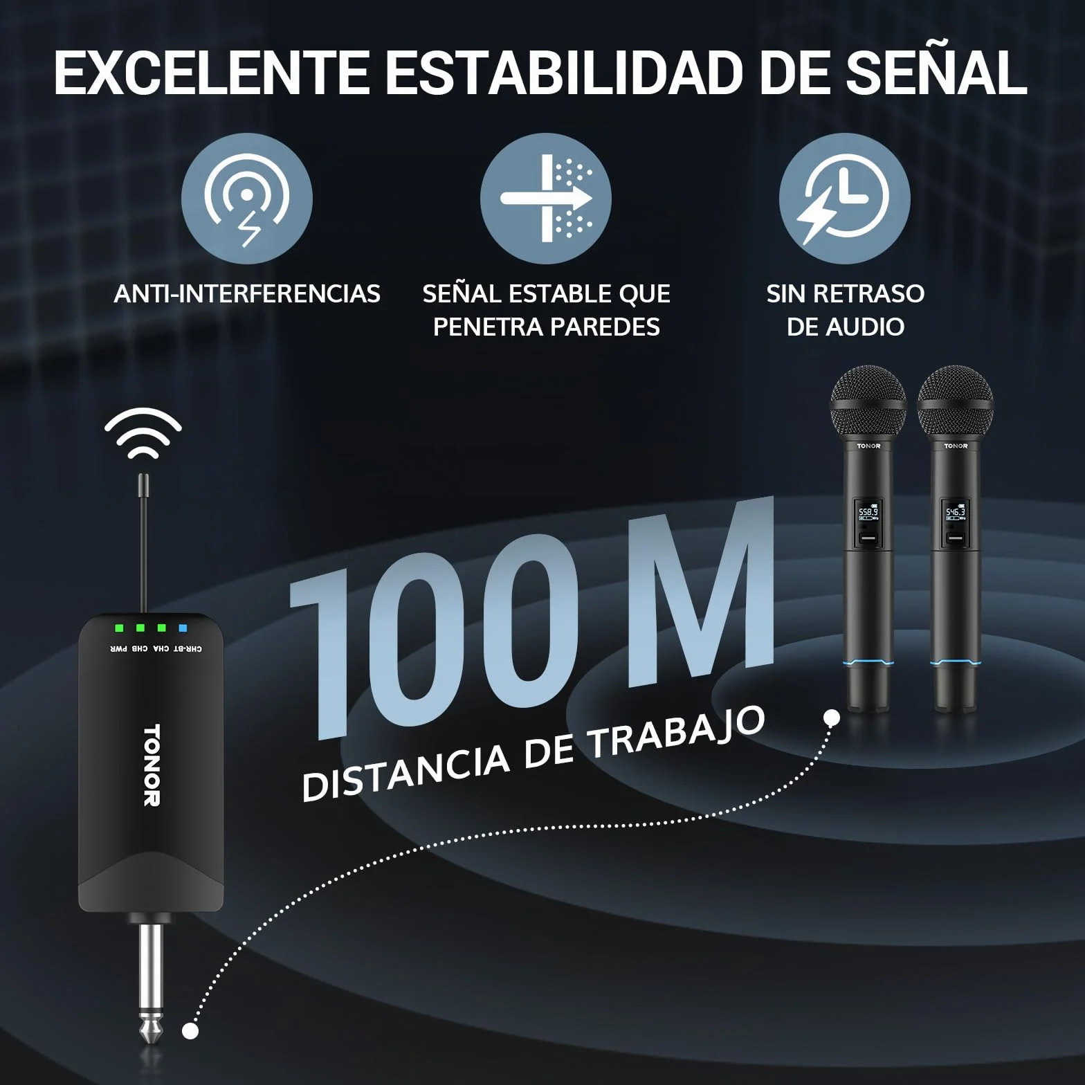 TONOR Micrófono Inalámbricos, Micrófono Metálico Dinámico de Mano Recargable, Receptor de Entrada Bluetooth Auto-Pair, 2x25 Frecuencias UHF,Clic para Silenciar, para Canto/DJ/Boda/Iglesia,100 M, TW720