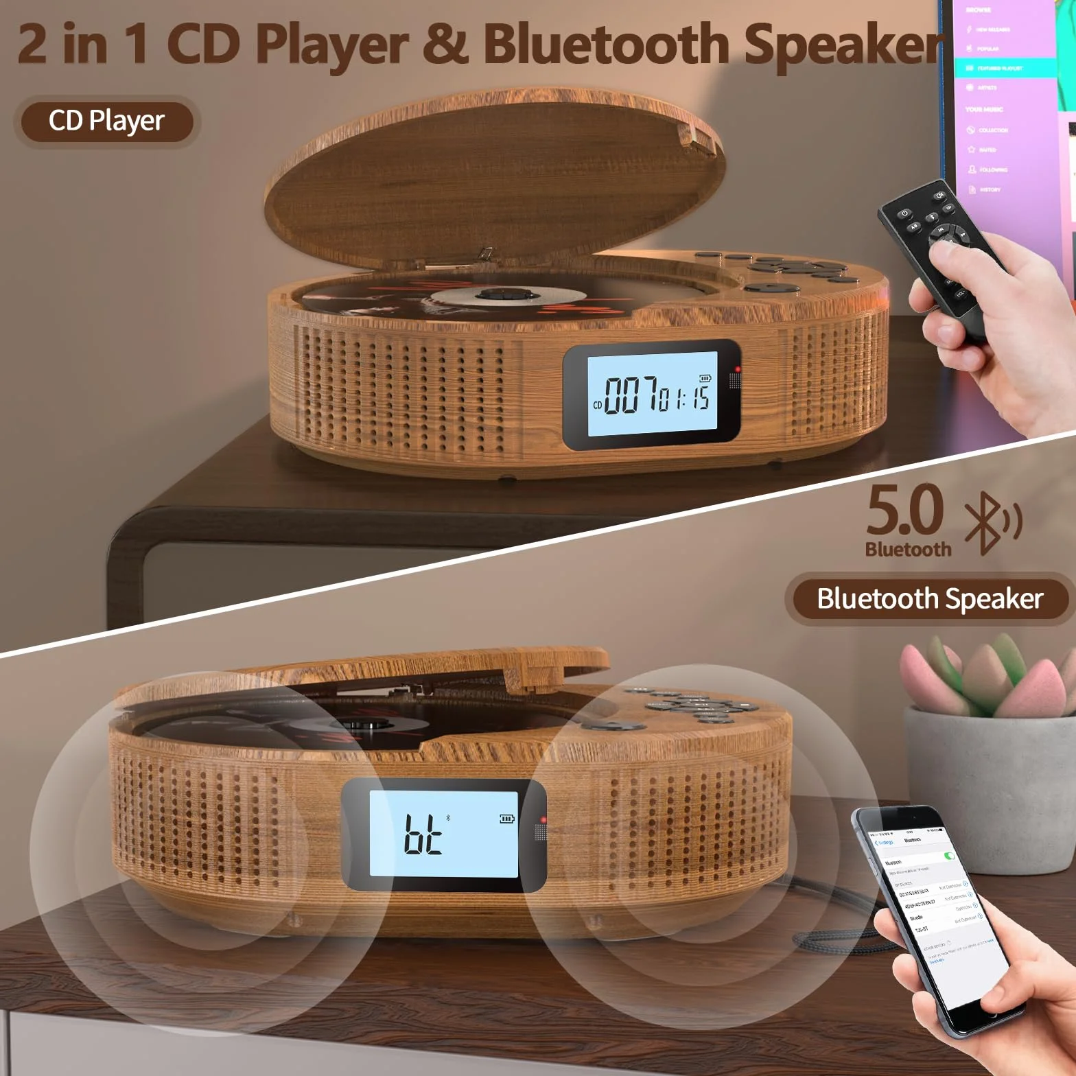 Reproductor de CD portátil, Reproductor de CD Boombox Mejorado y Altavoz Bluetooth 2 en 1, Portátil Recargable para Coche/hogar con Control Remoto, Radio FM, Soporte AUX/USB