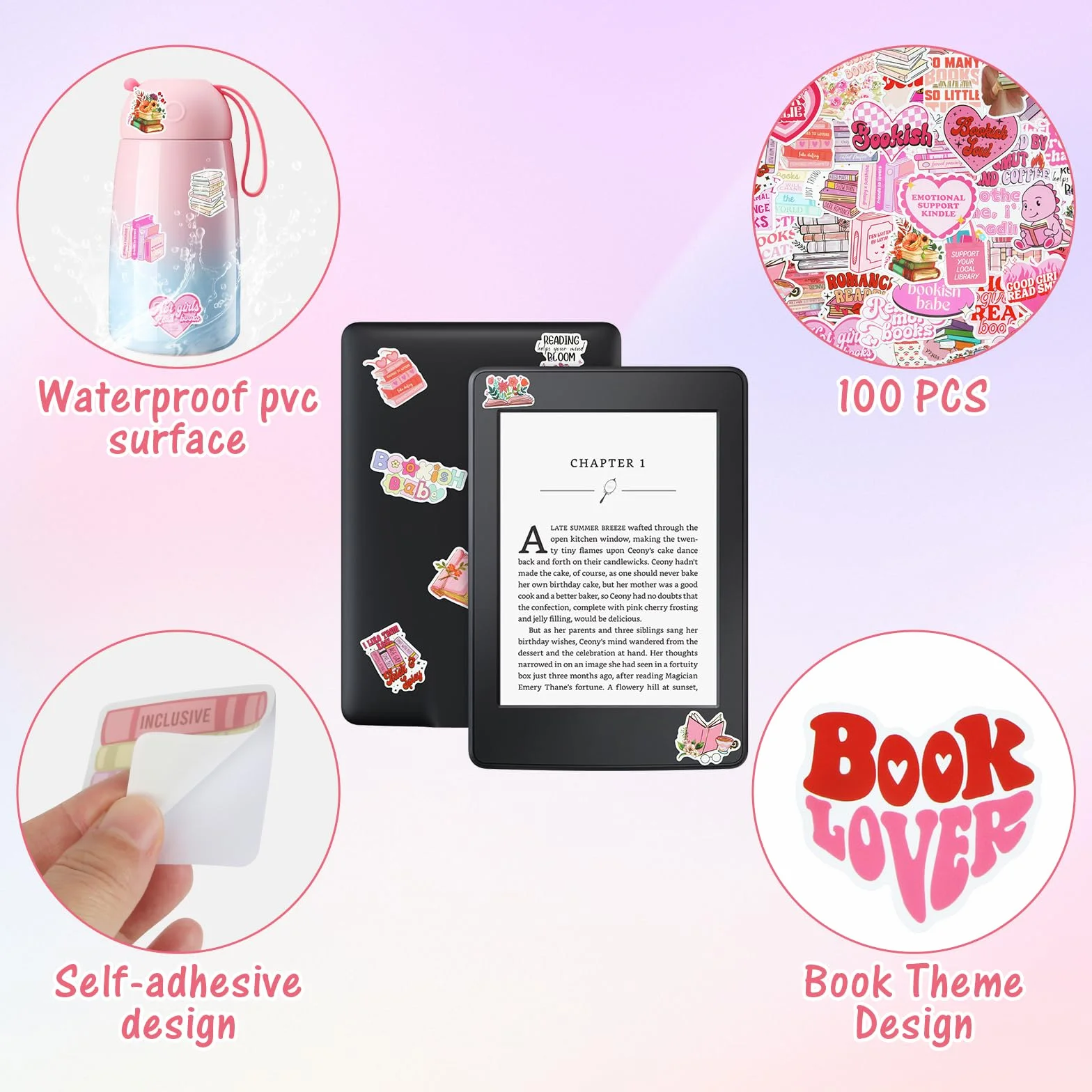 Pegatinas Kawaii para Kindle Rosa Resistente al Agua Juego para Funda Teléfono Móvil Monopatín Ordenador Portátil