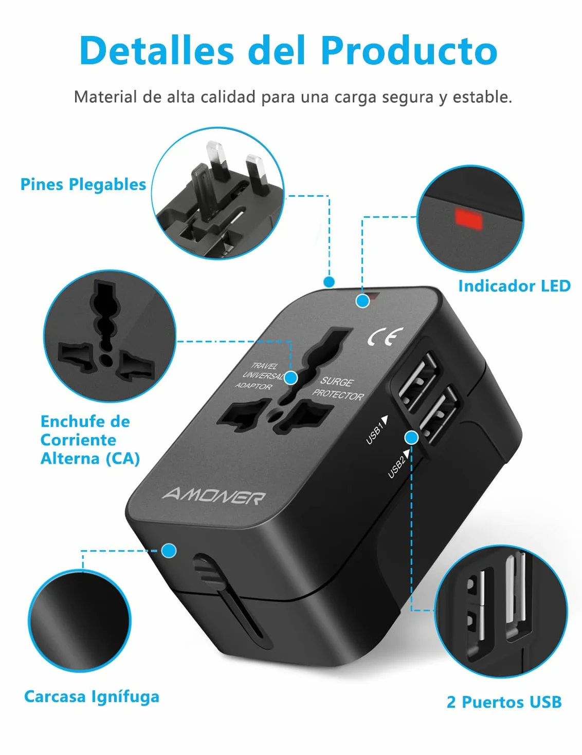 Amoner Adaptador Enchufe De Viaje Universal Enchufe Adaptador Internacional con Dos Puertos USB para USA Europa UK Irlanda Tailandia AU Japón China Canadá