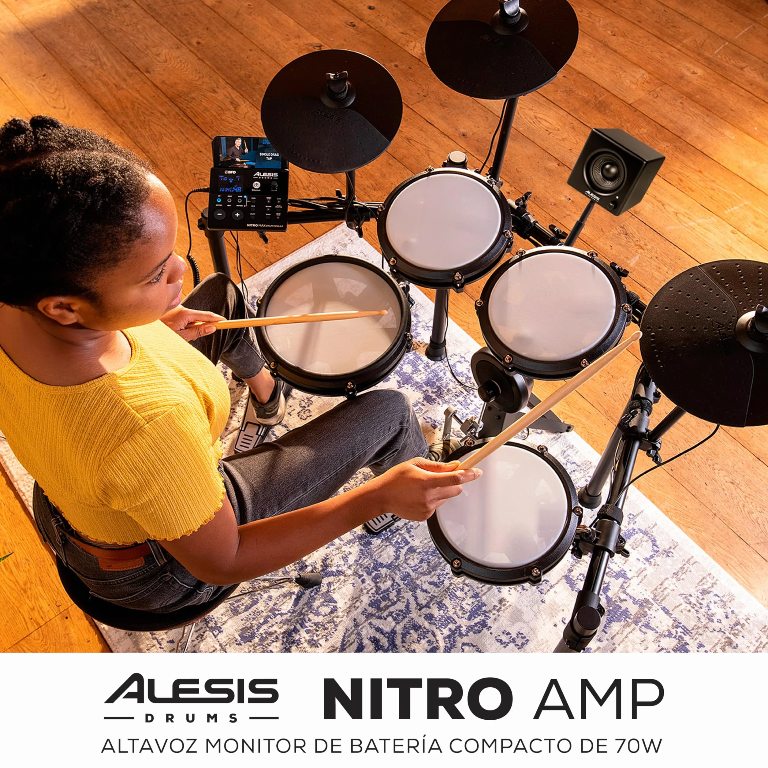Alesis Nitro Amp - Altavoz Monitor de Batería Electronica Compacto de 3" y 70W para Prácticas y Lecciones, montable en Rack con Las Abrazaderas Incluidas