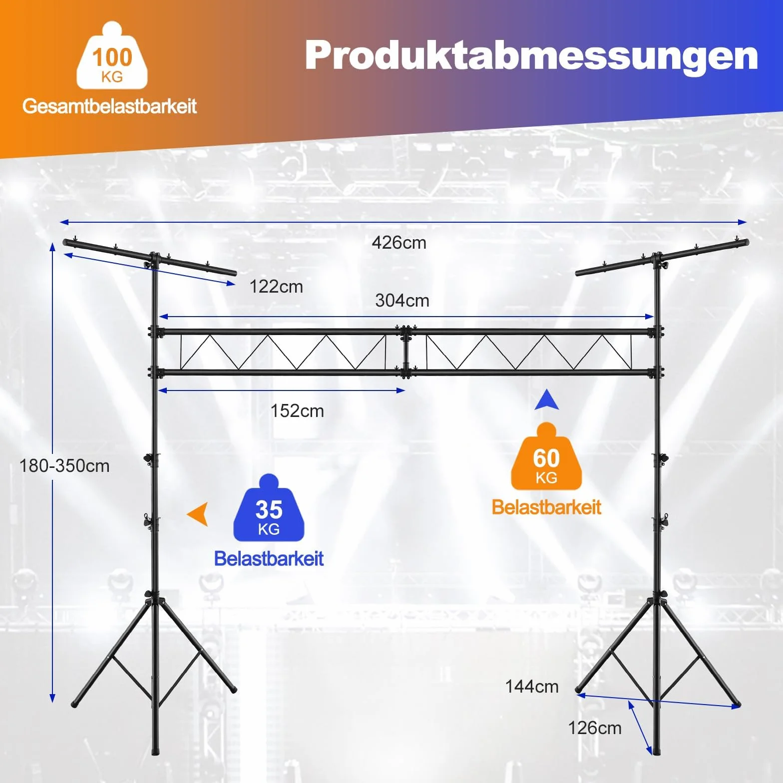 FANTASK Trípode de luz para DJ de 180 – 360 cm de Altura Regulable de Metal, con lámpara Activa, iluminación con Barras en T retráctiles, soporta hasta 100 kg, para conciertos, teatros y Fiestas, 462