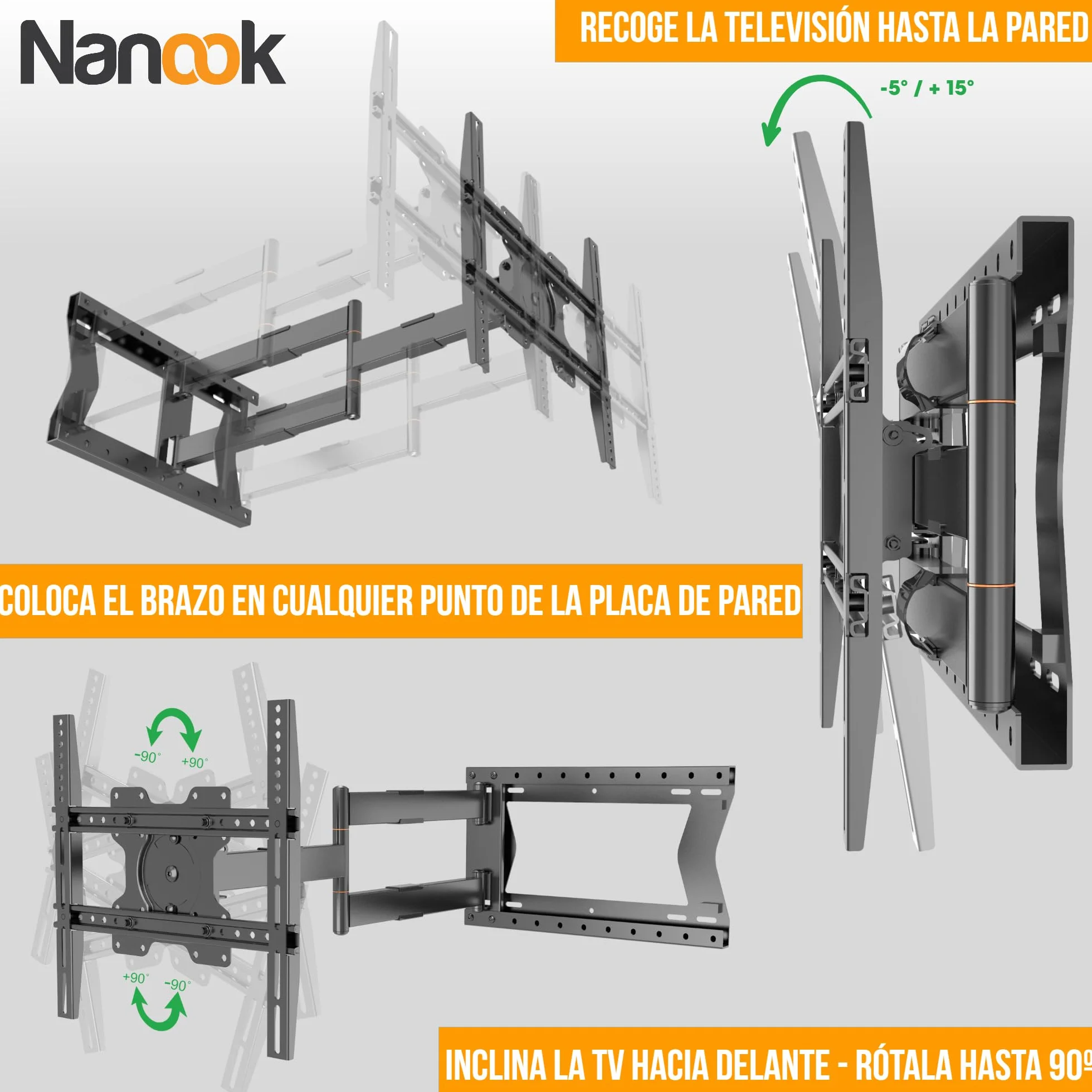 Nanook 2120 Soporte de Pared de Brazo Largo para televisores de 42 a 75 Pulgadas, Extensión Extra Larga de hasta 120 cm, Soporte de TV Que Permite Movimiento Completo, Soporta un Peso de hasta 40 kg