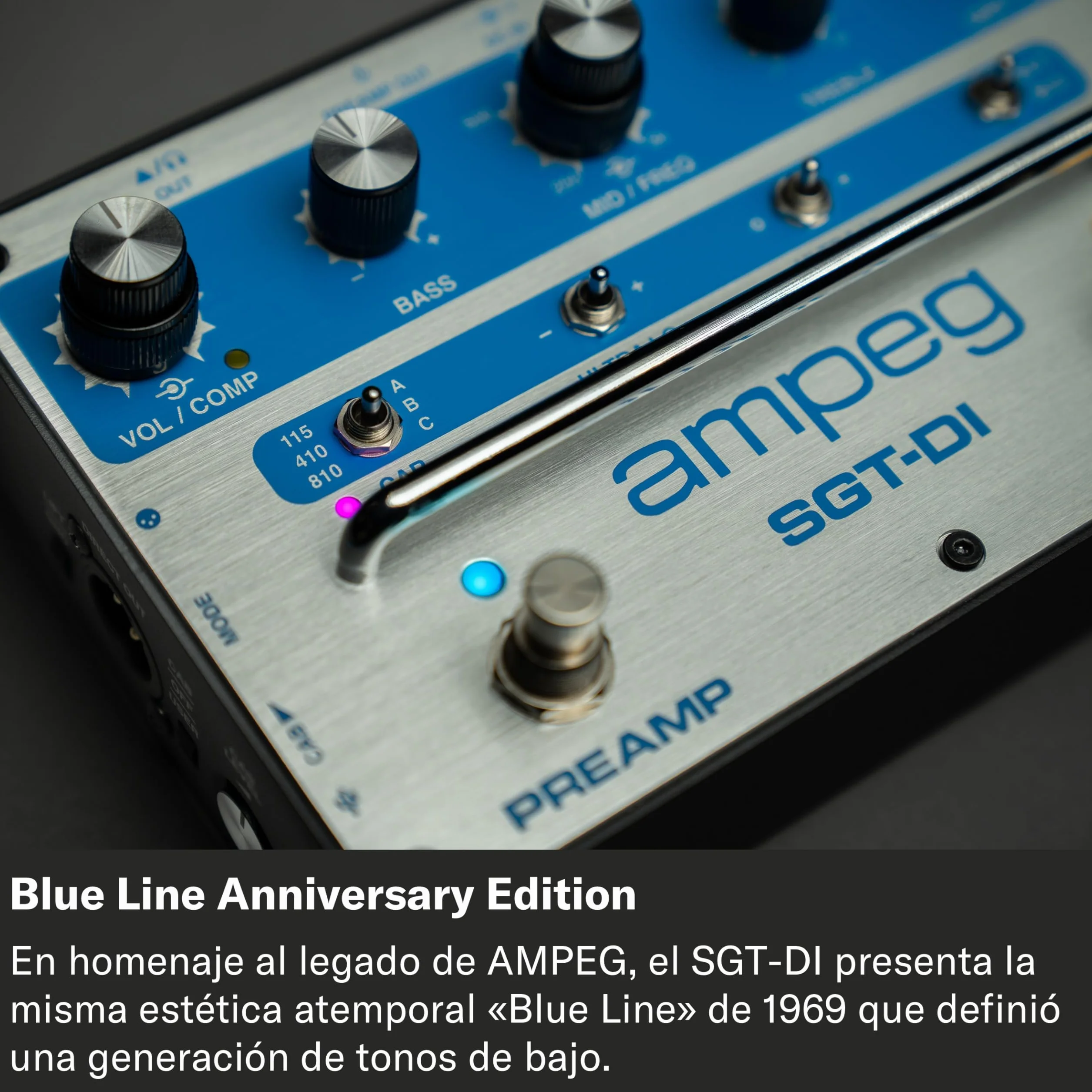 AMPEG SGT-DI Bass Preamp Blue Line Anniversary Edition-Preamplificador Ampeg conmutado por pedal con voicings SVT/B15, IR Loader, EQ de 3 bandas con medios barribles, compresor y filtros Ultra-Hi/Lo