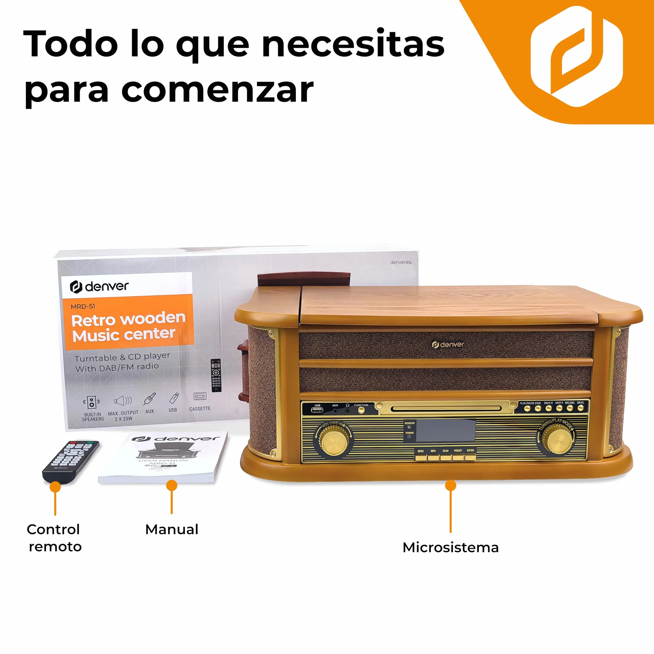 Denver MRD-51 Cadena Musical Retro Madera, Tocadiscos, CD, Casete, Dab+/FM, USB, grabación a USB, Altavoces Integrados
