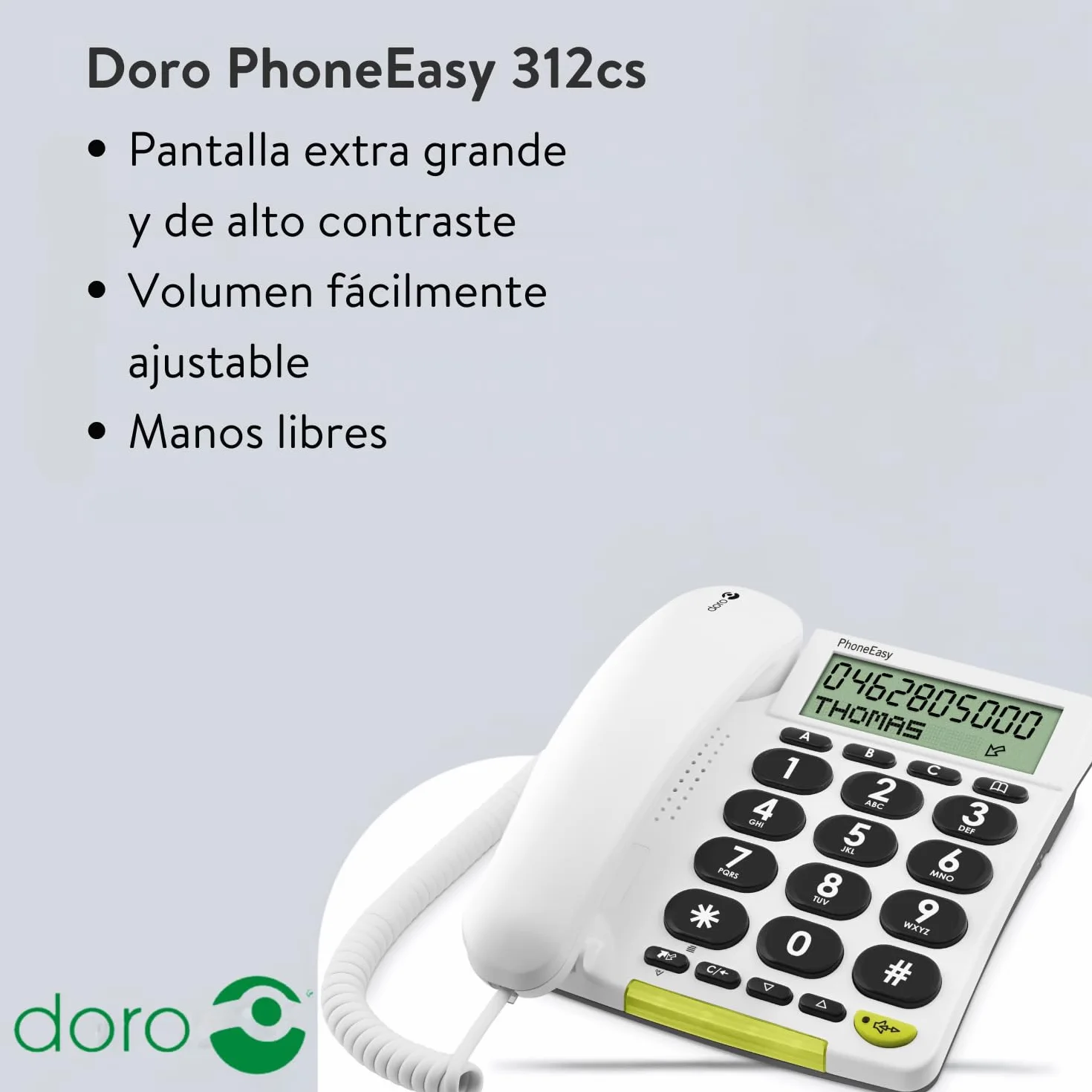 DORO PhoneEasy 312CS Telefono Fisso per Anziani Tasti Grandi Display LCD Retroilluminato Vivavoce Identificatore di Chiamata Bianco