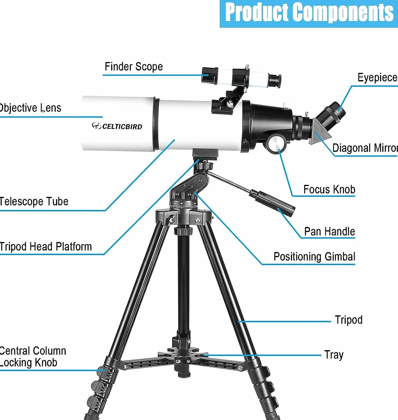 CELTICBIRD Telescopio para Adultos Principiantes en astronomía - Telescopio Refractor portátil astronómico Revestimientos de Alta transmisión Totalmente Multicapa Montaje AZ （80600）