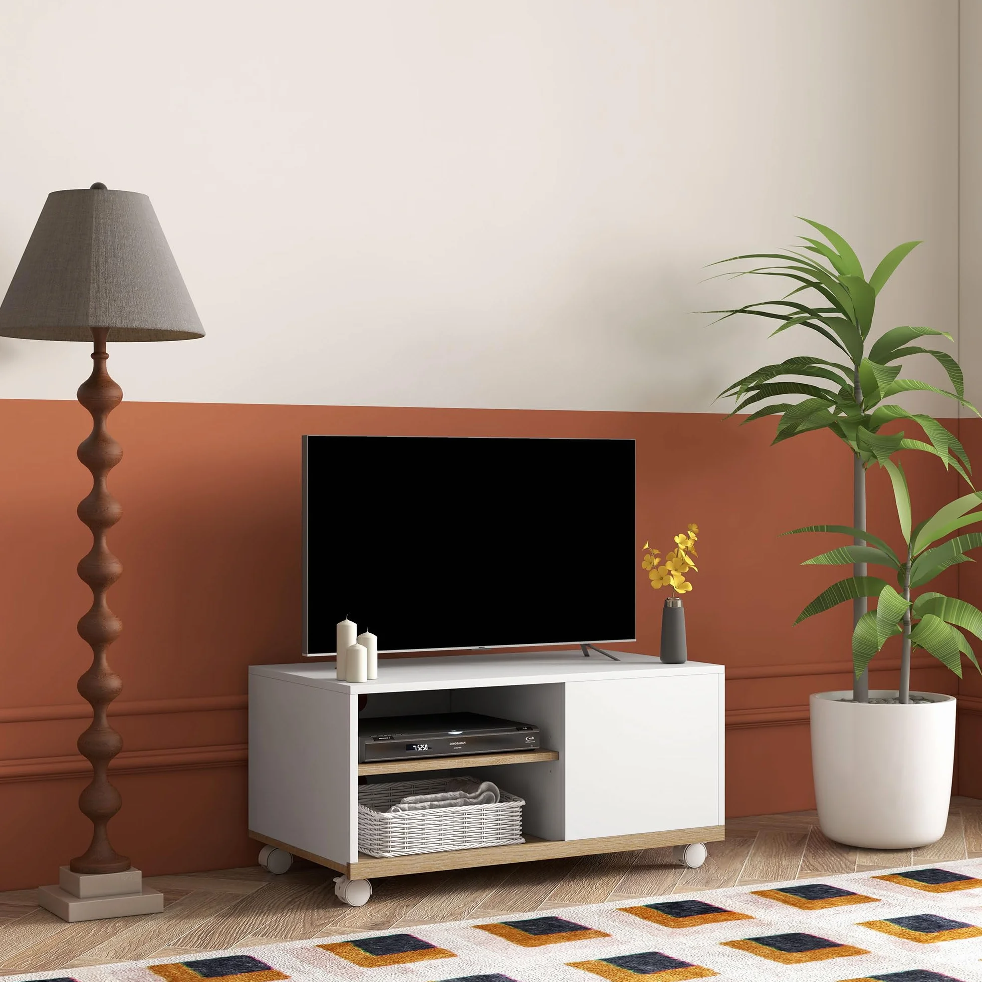 HOMCOM Mueble TV de Salón Moderno con Ruedas Mesa para Televisores de 42 Pulgadas Módulo TV con 1 Puerta y 2 Estantes de Almacenamiento 80x45x41 cm Blanco