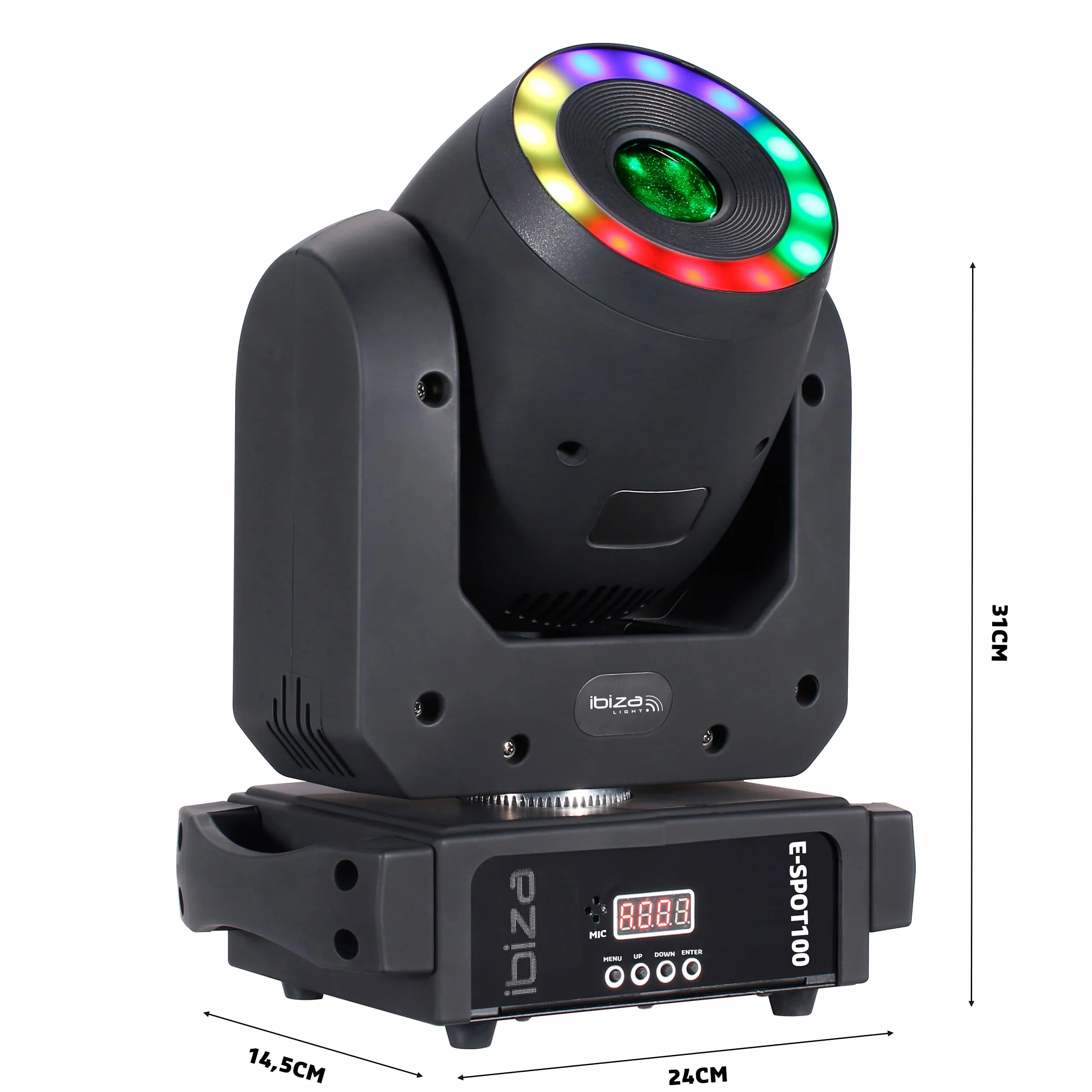 Ibiza - E-SPOT100 - Scheinwerfer 100 W + LED-Ring RGB multicolor 12 x 0,3W - 15 DMX-Kanäle - Drehbares Tablett - Gobos und Strobo-Effekt - Party, Show, Event
