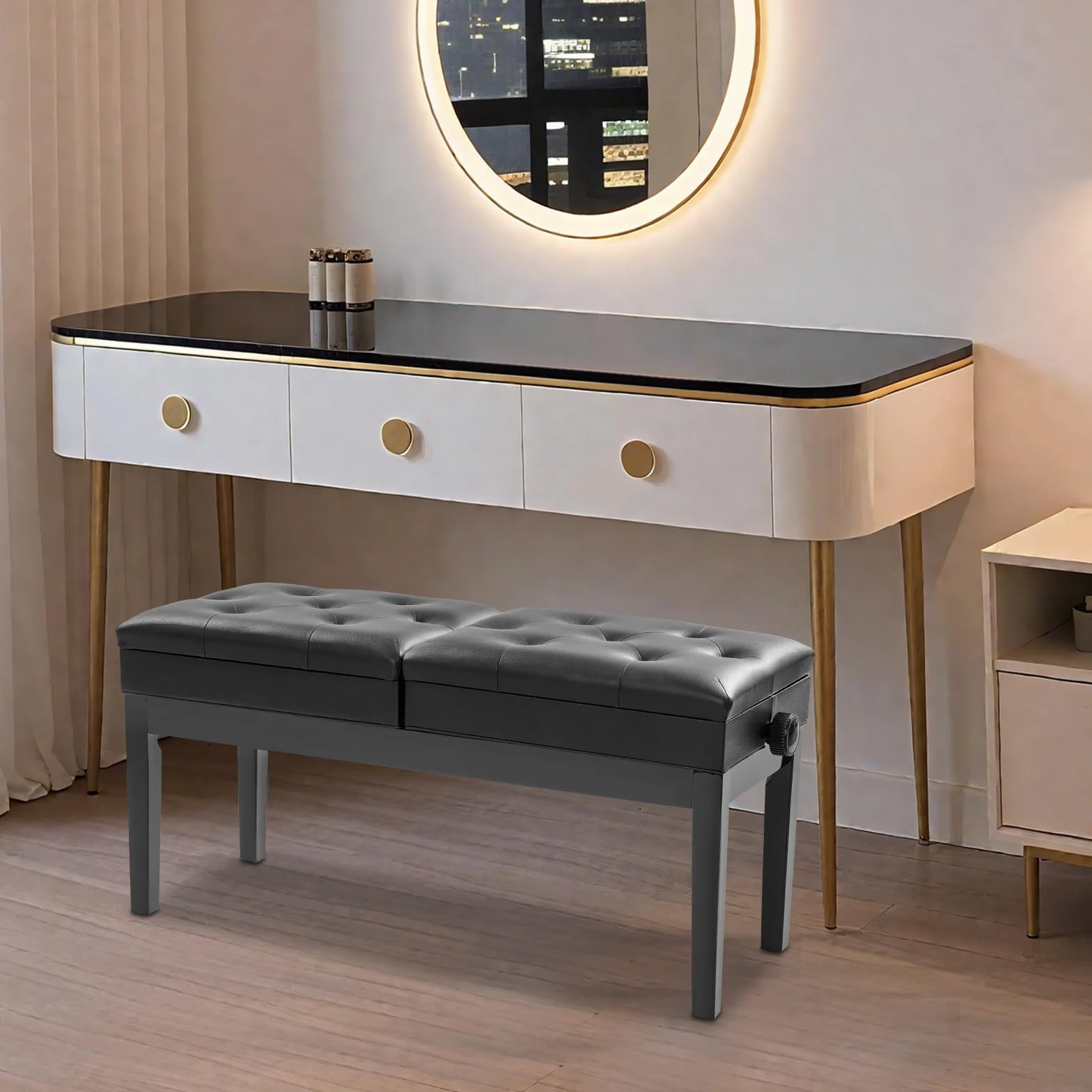Banco de piano de doble plaza, 108 x 39 x 48 cm, altura regulable para 2 personas, soporta 200 kg, silla de piano con espacio para el hogar, escuelas, conciertos (negro)