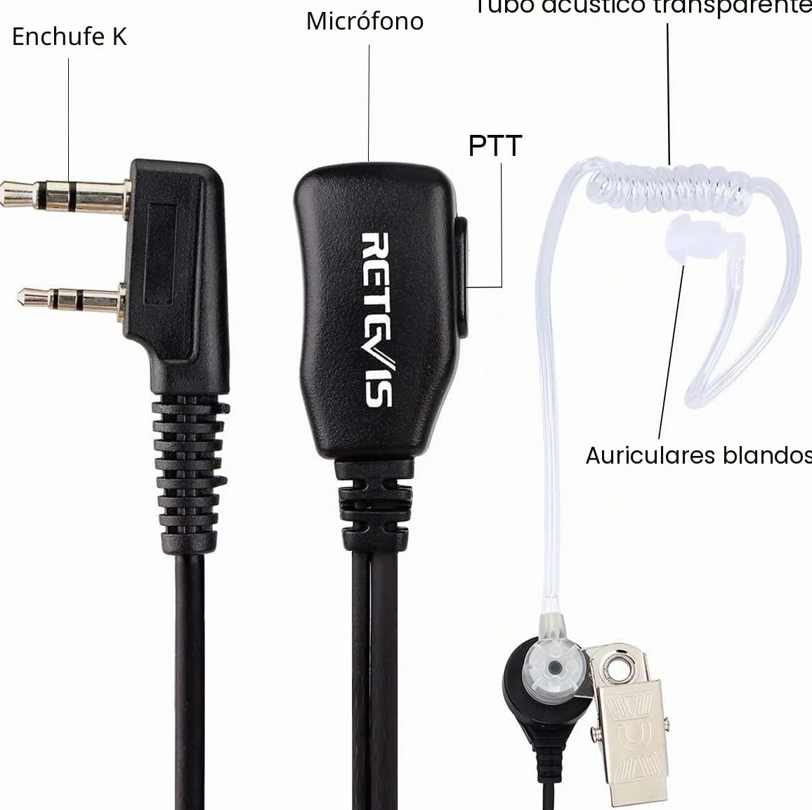 Retevis Pinganillo Walkie Talkie Compatible con Retevis RT24 RT27 RT668 RT622 Kenwood Baofeng UV-5R 888S Auricular Transparente Antirruido con Micrófono PTT Walkie Talkie Auriculars (1 Piezas)
