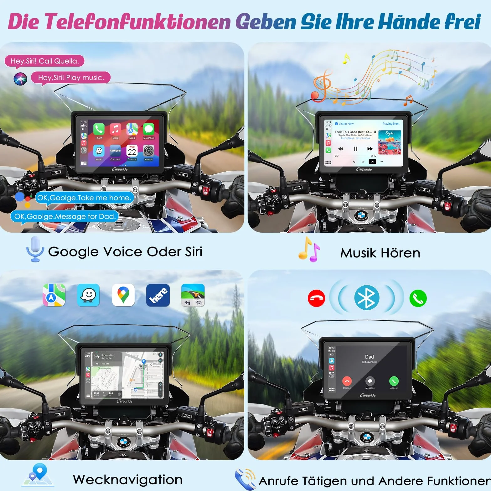 Carpuride W502B Pantalla Carplay BMW Motocicleta R1200GS R1250GS S1000XR, 5 Pulgadas Táctil Impermeable, Navegación GPS Portátil Carplay/Android Moto Bluetooth Dual
