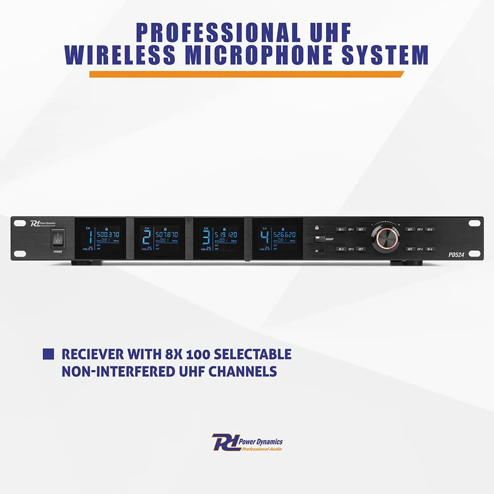 Power Dynamics PD524B Sistema de micrófono inalámbrico UHF con 4X Bodypacks, Micro de Solapa inalámbrico, Micro de Diadema inalámbrico, Recargable por USB, transmisión Infrarrojos, Ideal para Eventos