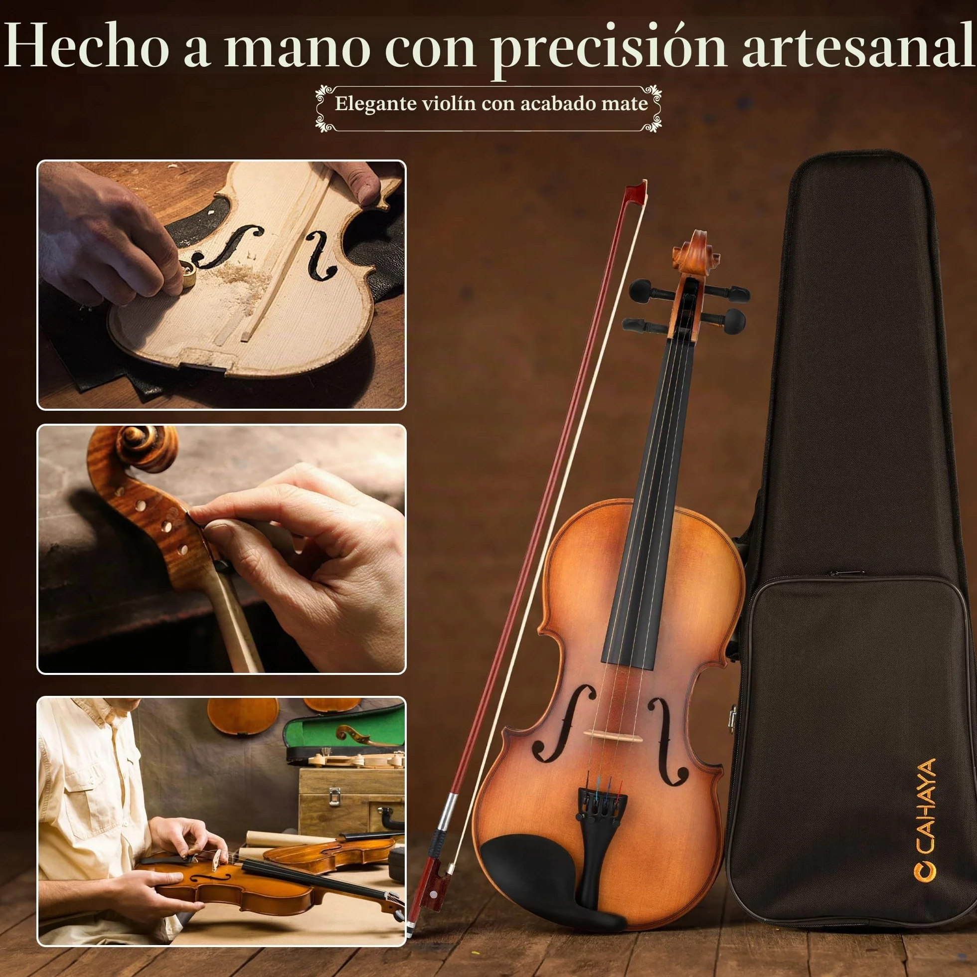 CAHAYA Violín d Madera Maciza Tamaño 4/4 – Exquisita Artesanía Conjunto de Violin con Estuche de Violín Apoya-Hombros Afinador d Resina para Principiantes y Iños arco doble