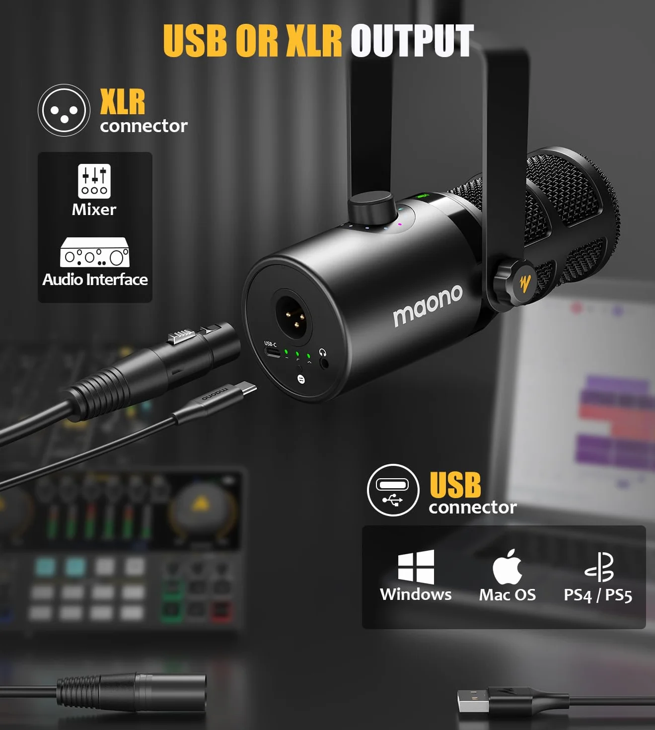 MAONO Micrófono dinámico USB XLR para Podcast, PC, Radiodifusión, Grabación, Streaming y Juegos con Software, EQ, Tap-to-Mute, Control de Ganancia y Volumen