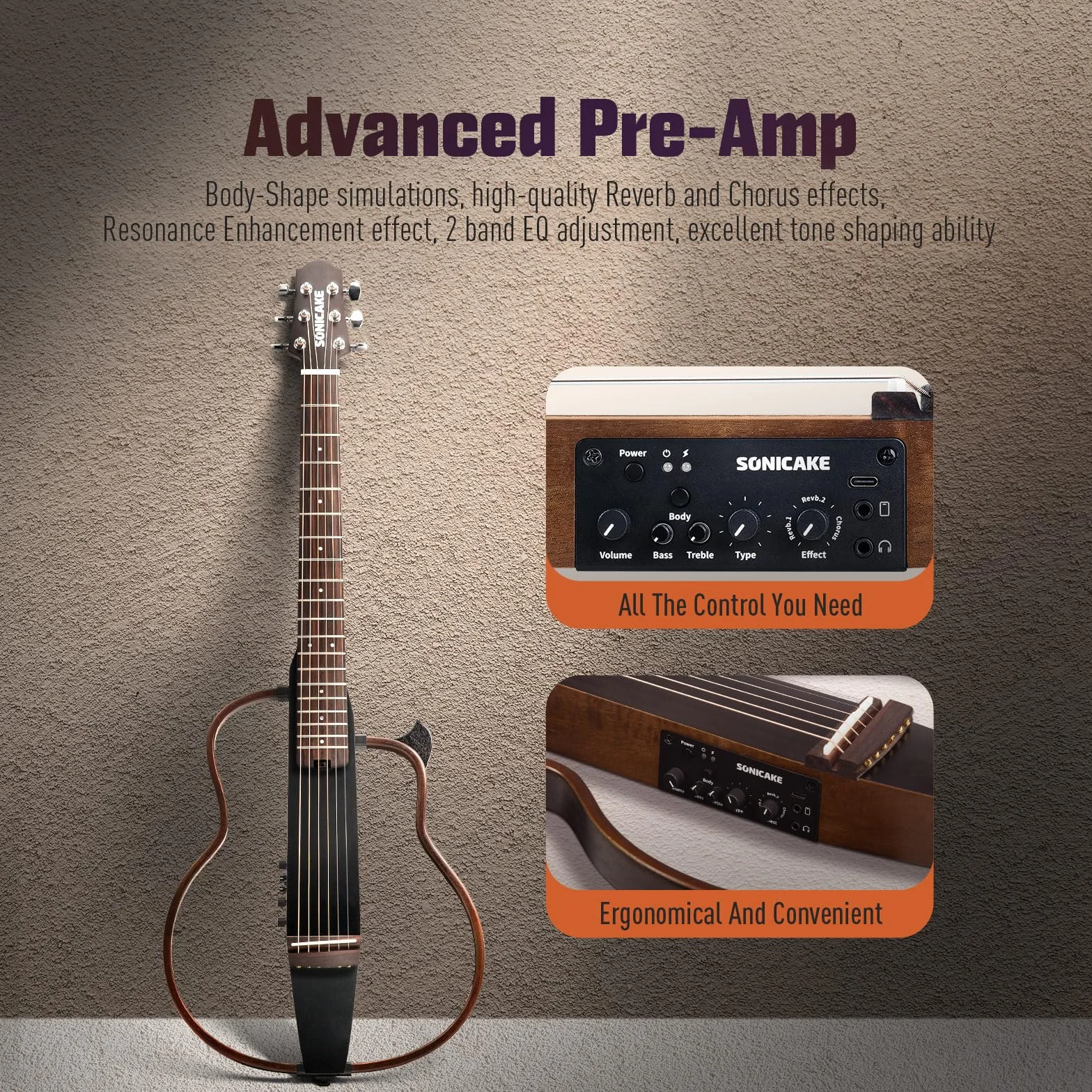 SONICAKE Guitarra Acústica-Eléctrica Portátil Cuerpo de Caoba Maciza, Marcos Fáciles de Montar, Preamplificador Sim de Múltiples Formas de Cuerpo, Funda y Accesorios QGT-01