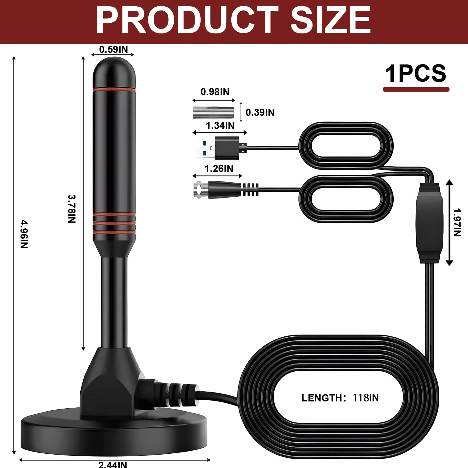 Antena TV Digital TDT Interior Portátil Base Magnética Núcleo Aluminio Compatible HDTV 4K 1080P VHF UHF DVB-T2/T