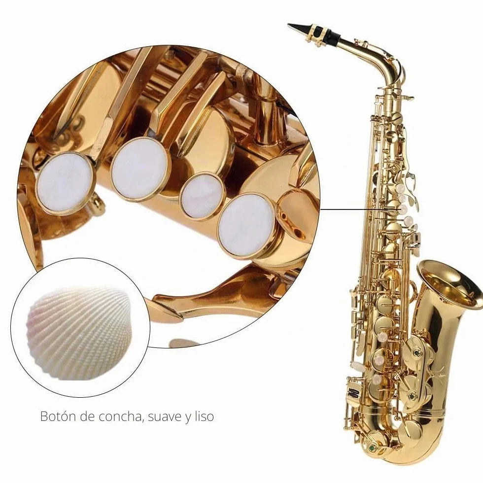 Saxofón alto Saxofón alto Mib Latón lacado oro Saxofón plano en mi 802 Tipo de llave Herramienta de viento con cepillo de limpieza Guantes de tela Funda acolchada con cintu