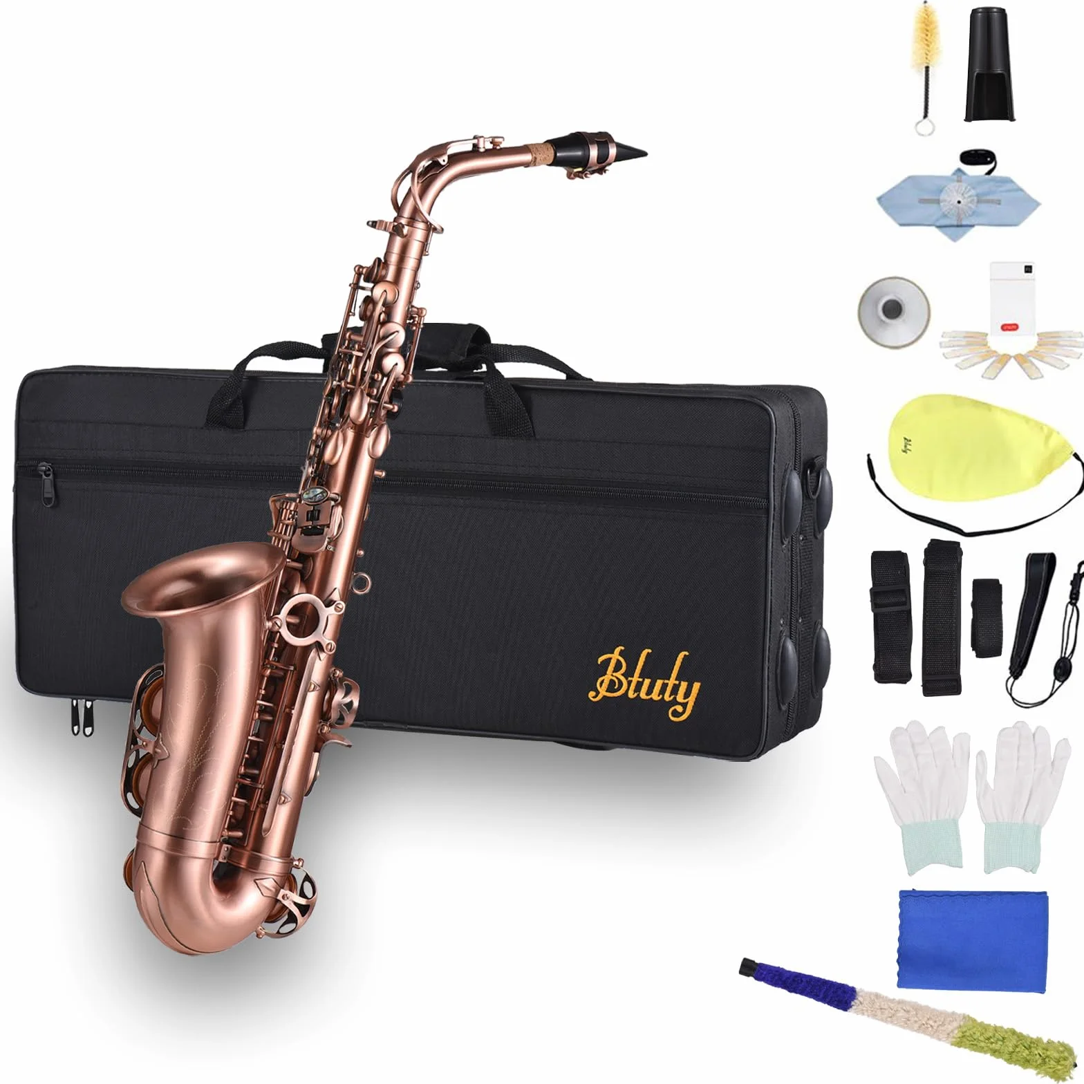 Btuty E-flat - Saxofón alto, bronce rojo, incrustaciones de teclas de abulón, almohadillas de cuero resistentes al agua, viene con funda y guantes