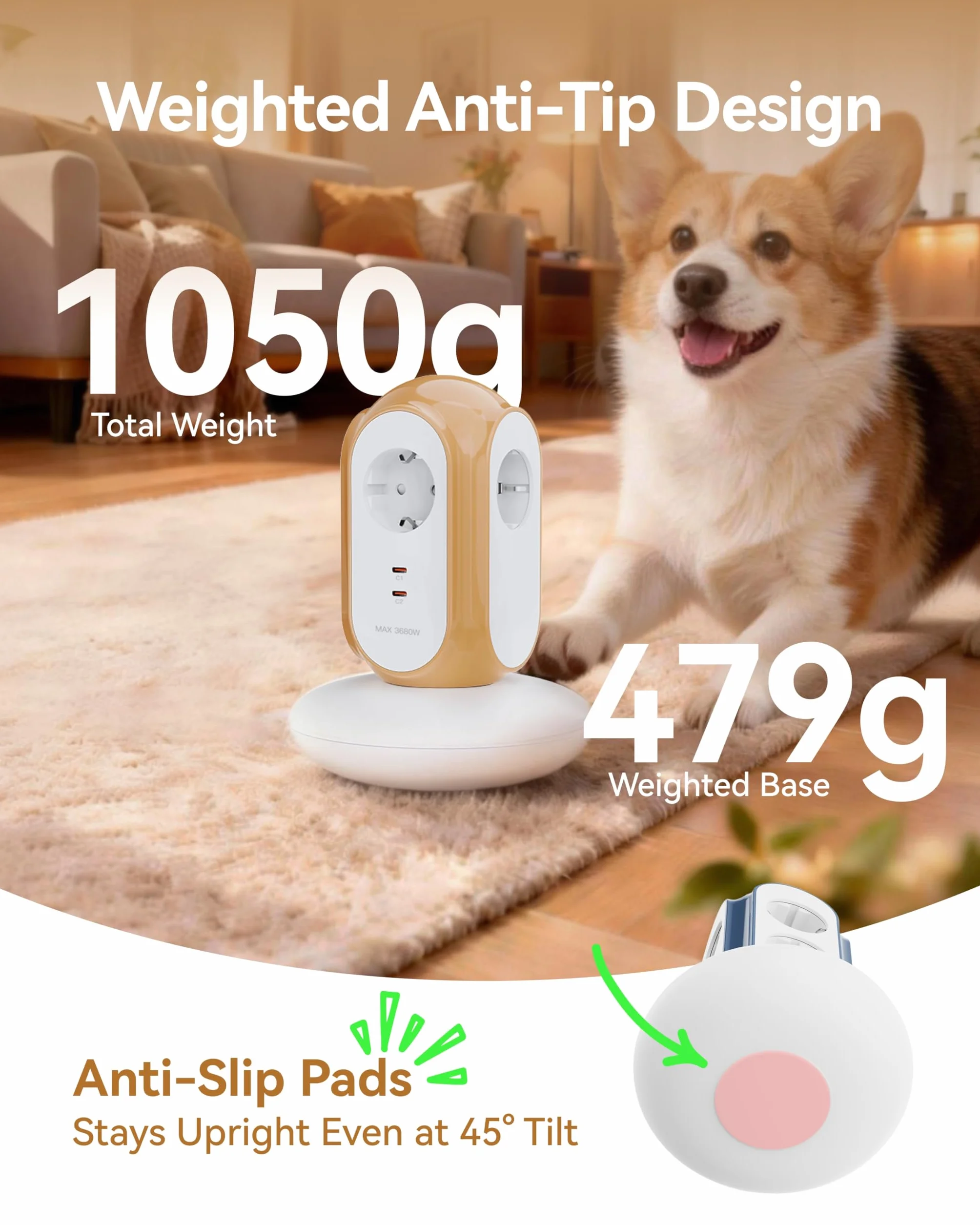 MiaoLab Regleta Eléctrica en Torre con 3 Tomas AC y 2 USB-C (Carga Rápida 30W), 3680W/16A, Protección contra Sobretensiones 1420J, Cable de Extensión 2 m, Protección contra Sobreca (Beige Toscano)