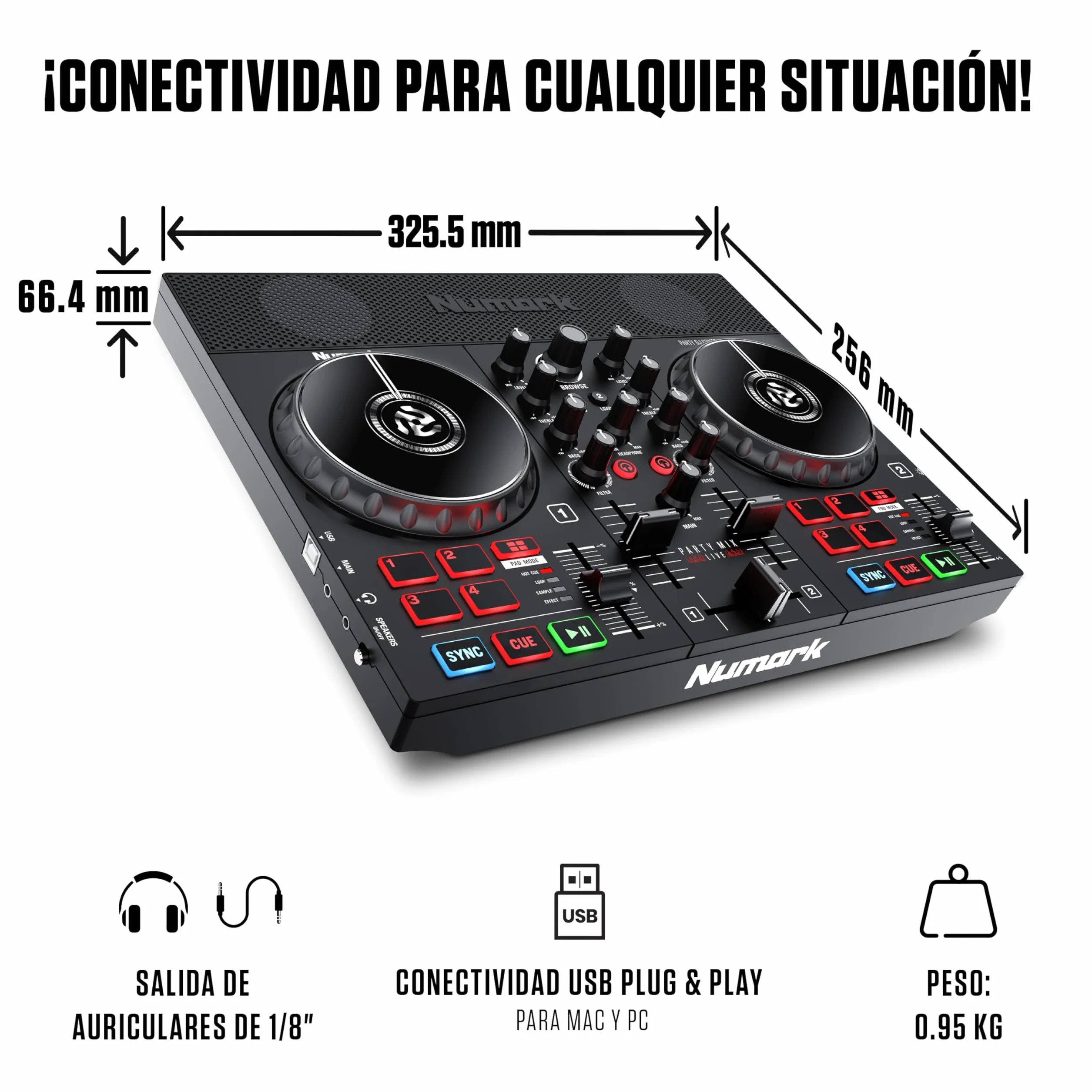Numark Party Mix Live Controladora DJ, Mesa DJ Con Luces DJ, Altavoces, Mezclador DJ e Interfaz Audio, Con Serato DJ Lite