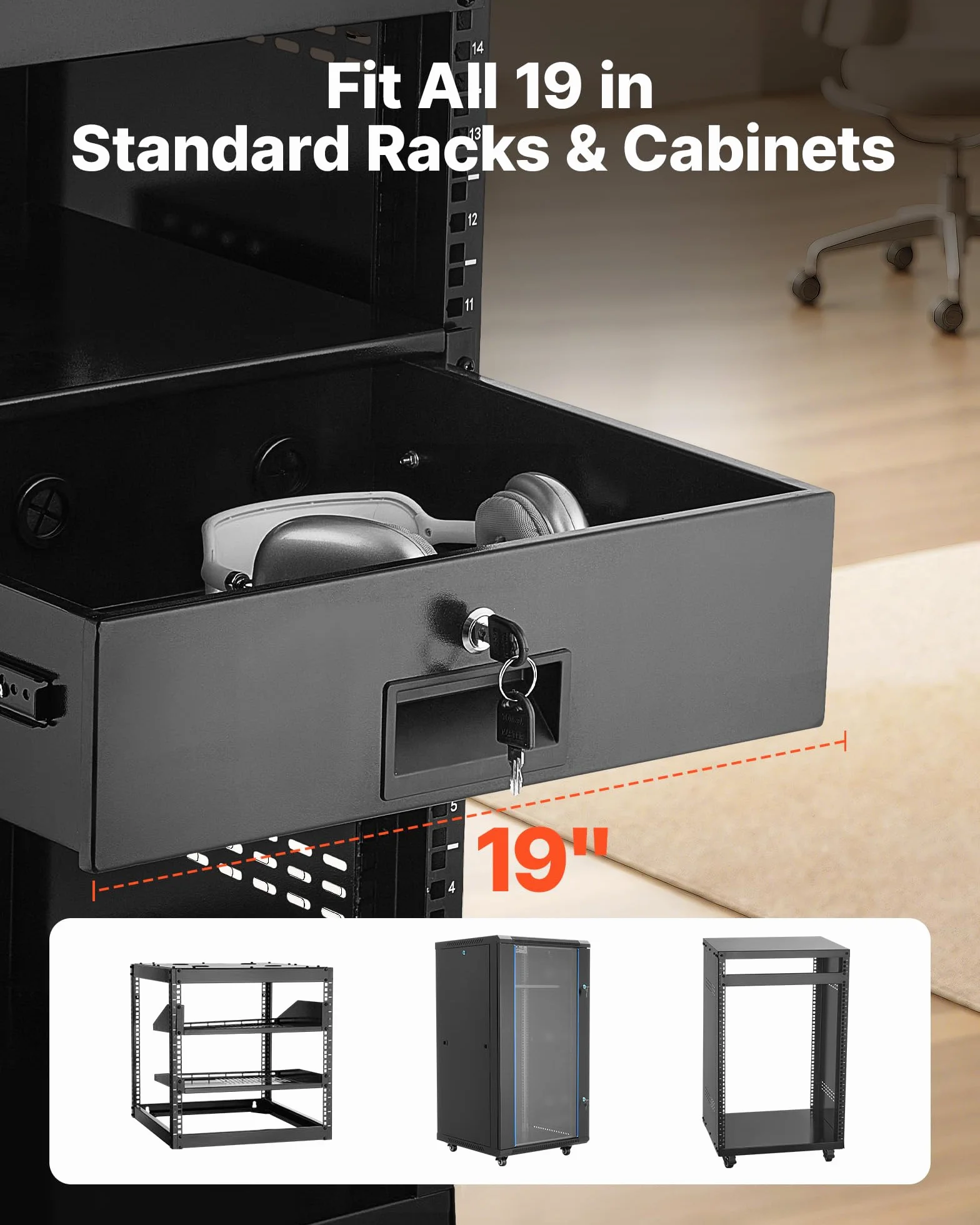 VEVOR Cajón para Montaje en Rack de 3U, Carga de 22,68 kg, Cajón Deslizante con Cerradura y Orificios para Gestión de Cables, para Rack o Gabinete de AV para Servidores de Equipos de Red de 48,26 cm