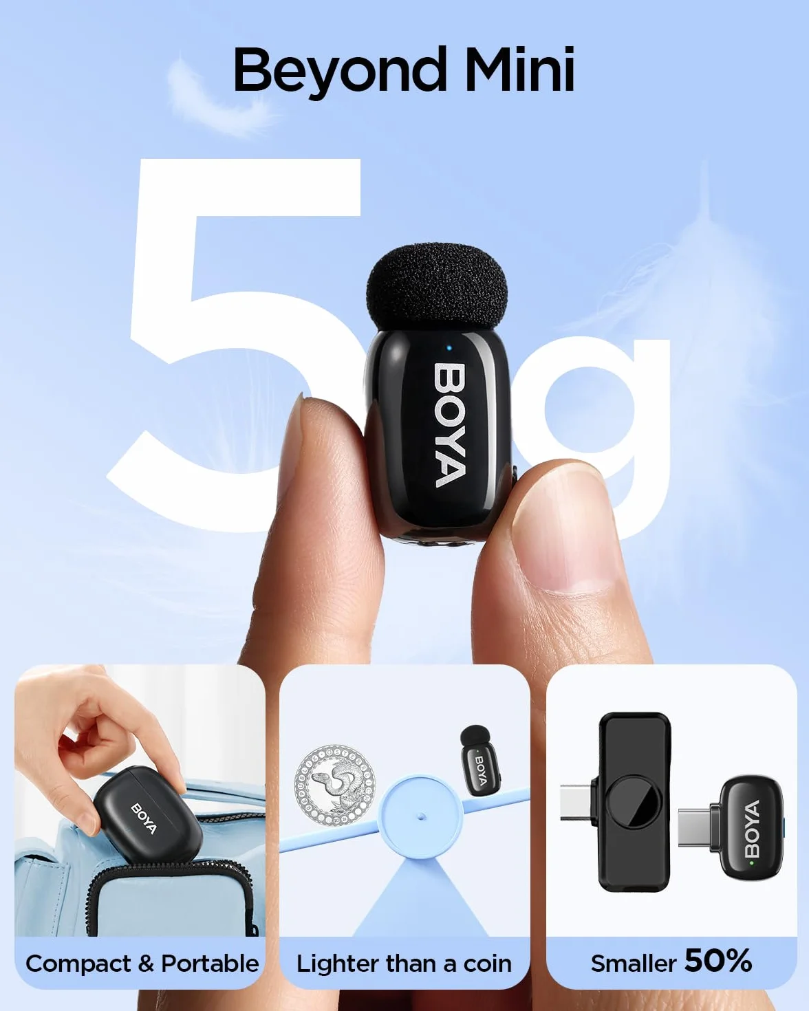 BOYA Mini 2 Microfono Inalambrico iPhone 15/16/17 & Andriod, Microfono Solapa Ultra Mini con Cancelación de Ruido por IA, Control por Aplicación, Micrófono de Solapa para Creadores Vlogging