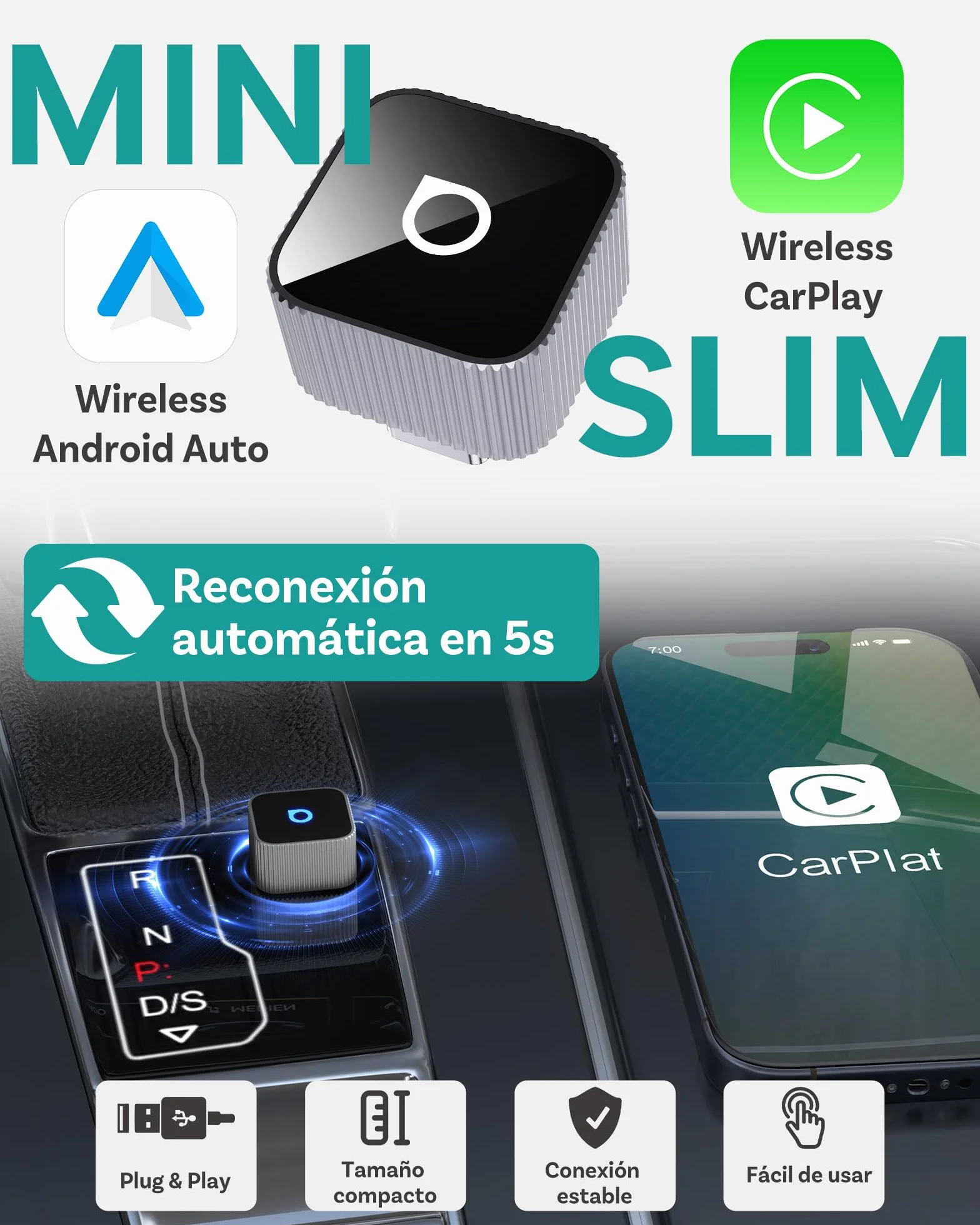 OTTOCAST Mini Slim versión 2026, Adaptador inalámbrico CarPlay y Android Auto, actualizar CarPlay y Android Auto con Cable a inalámbrico, conexión automática rápida, dongle USB-C Compacto, Cubo
