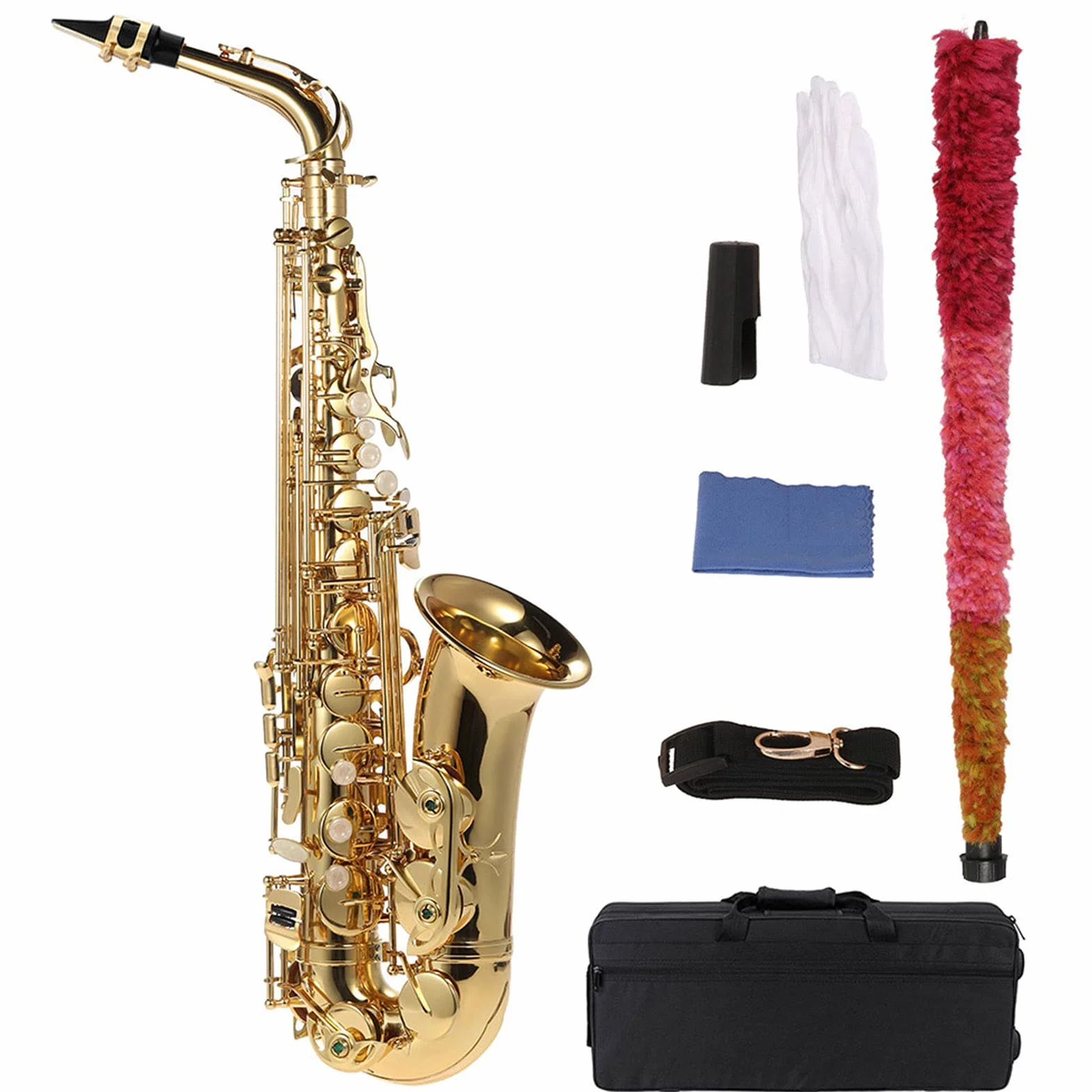 Saxofón alto en Mi bemol de latón chapado en oro, instrumento de viento madera con llave, cepillo y paño de limpieza, guantes, correa acolchada y funda