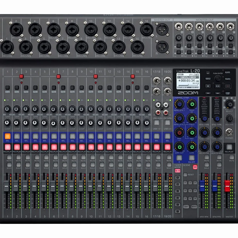 Zoom LiveTrak L-20 - Mixer digital & grabador multipista, 20 entradas/22 canales de grabación en SD, interface de audio 22-in/4-out, 6 salidas personalizables, wireless iOS control