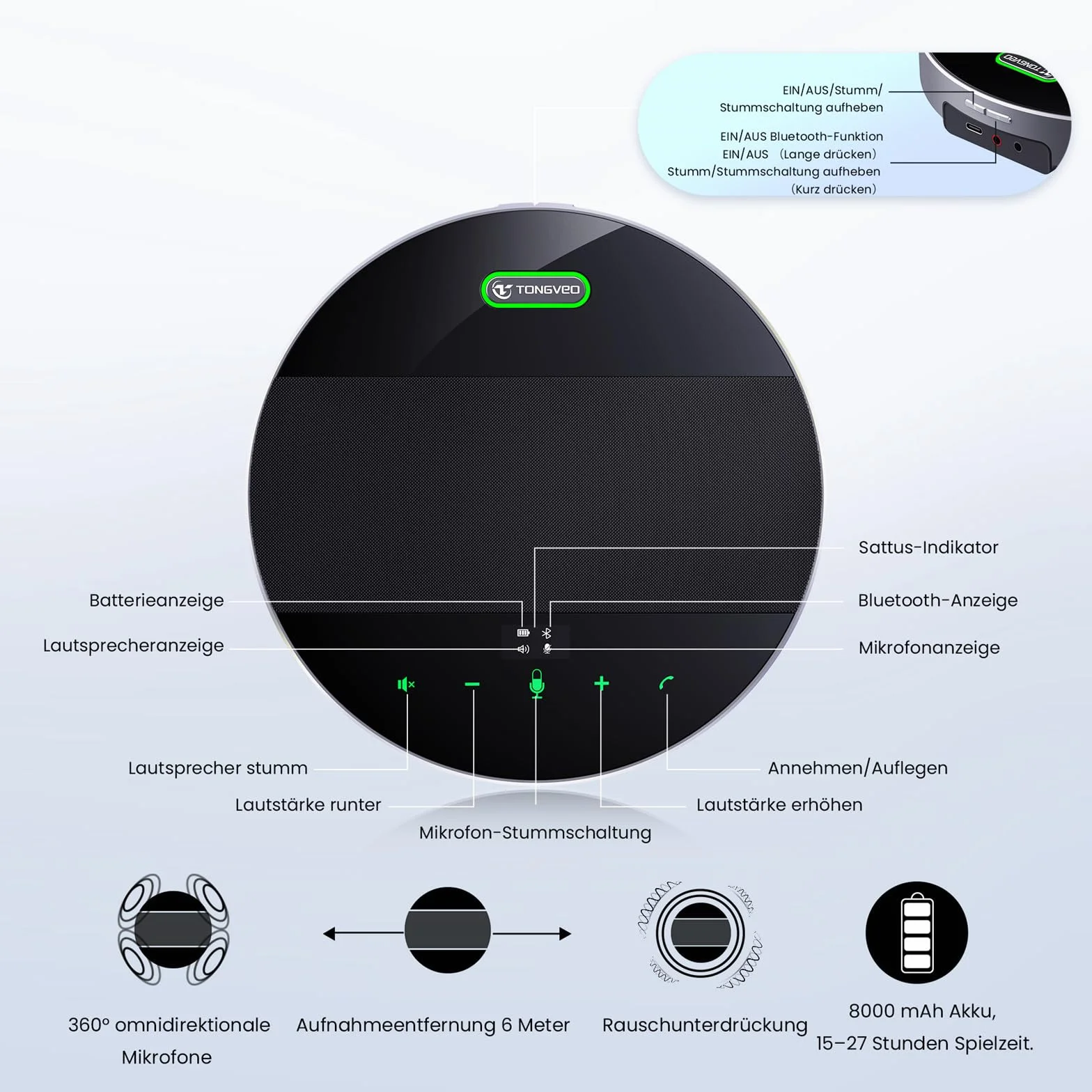 TONGVEO Cámara de conferencias todo en 1, 1080P 60fps, zoom óptico 3x, USB 3.0, PTZ HDMI, micrófono Bluetooth