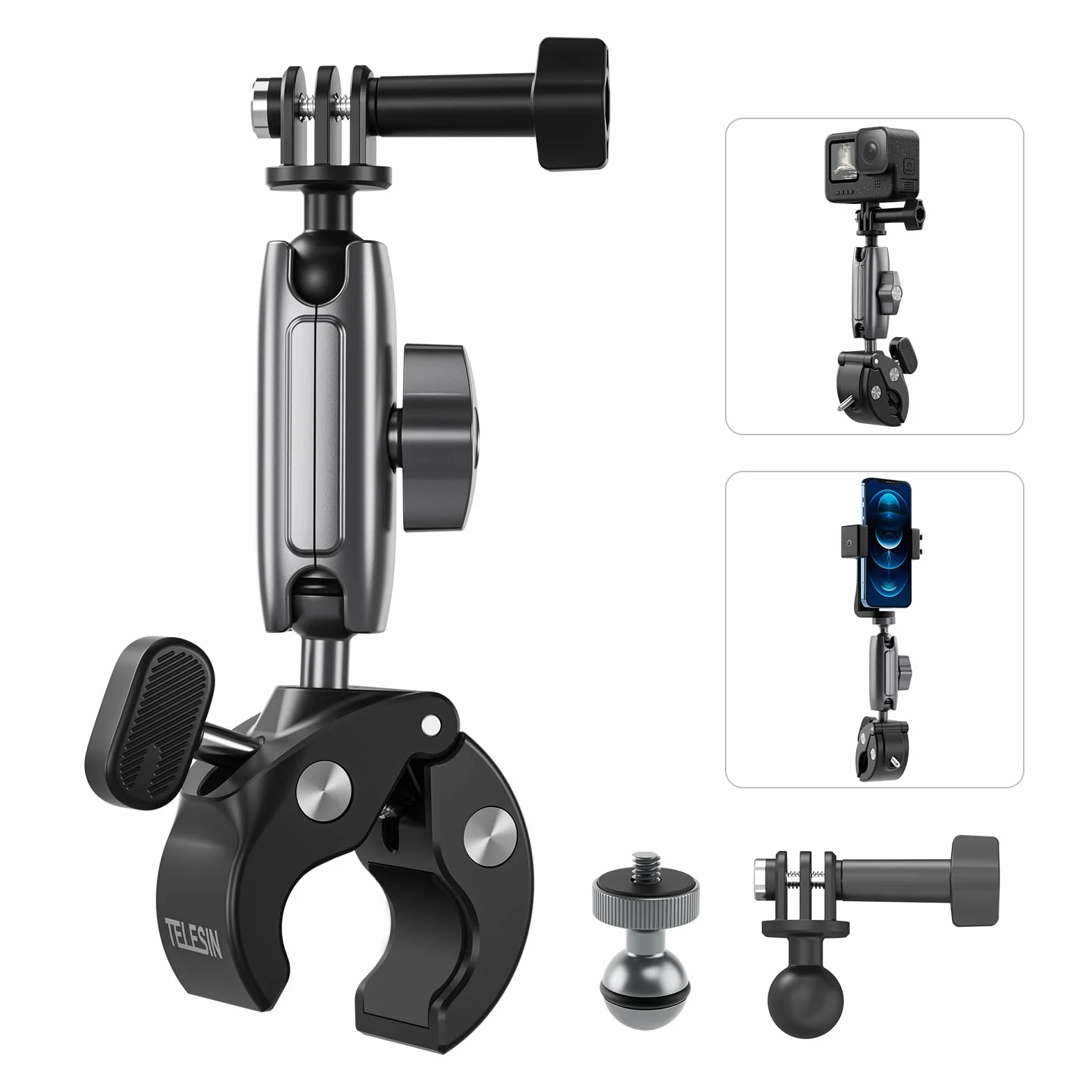 TELESIN Soporte de Moto/Bicicleta para DJI Osmo Action 6/5 Pro, Pocket 4/3, GoPro Hero 13/12/11/10, Insta360, Accesorio para Acción Cámara Aleación de Aluminio con Rotación 360° y Adaptador 1/4"-20 mm