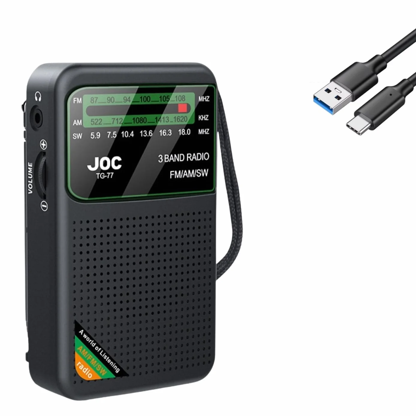 Radio Portátil Recargable Pequeña + Bateria Extra de Regalo, Radio de Bolsillo Pequeña, Carga USB-C, Entrada Auriculares Radio Transistor Analógico Am/FM/SW para Emergencias, Camping y Apagones