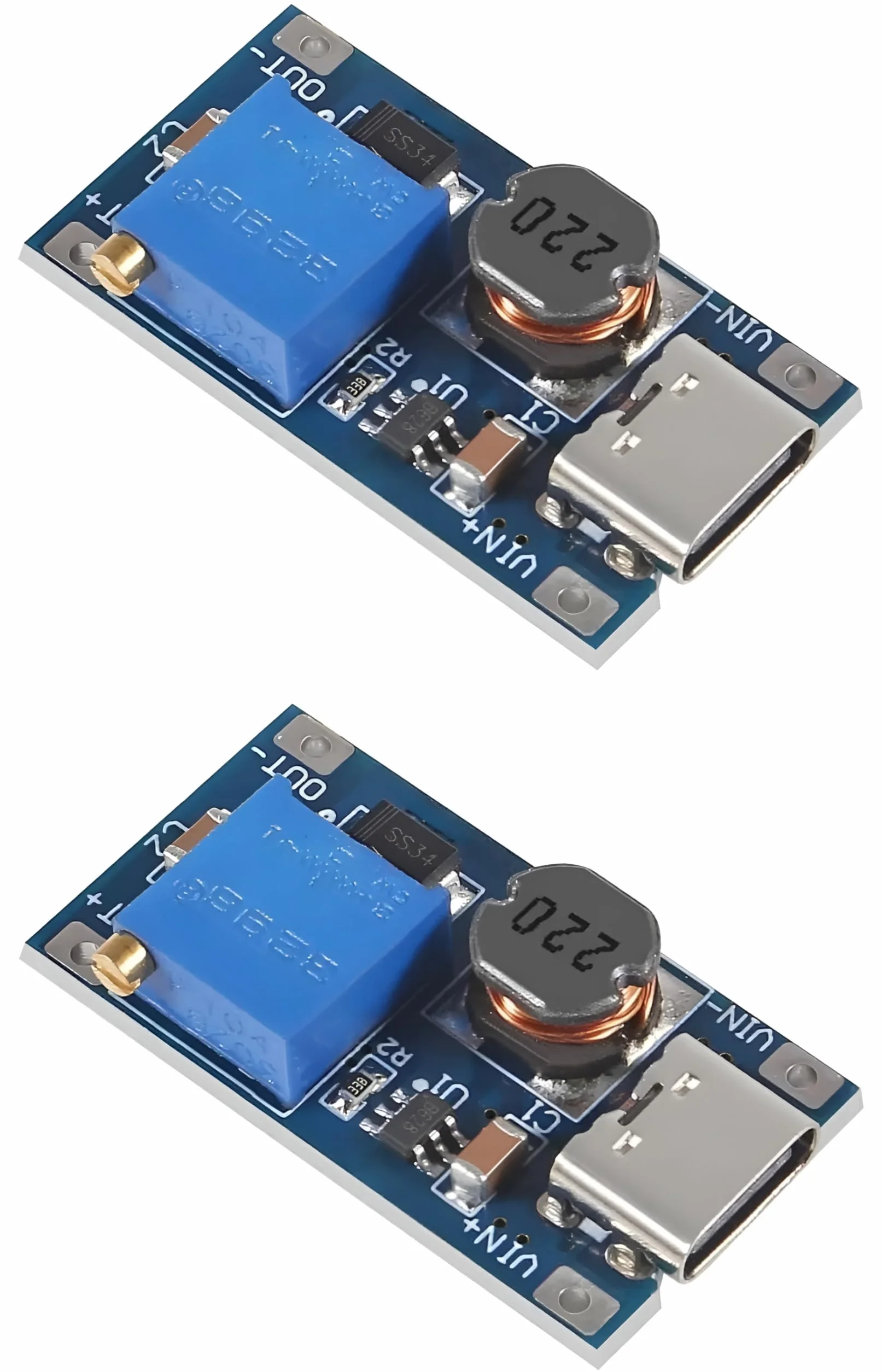 MT3608 (2 unidades) Módulo Elevador DC-DC Boost/Step-Up Ajustable, USB Tipo C. Convertidor de 2V~24V a 5V~28V, 2A