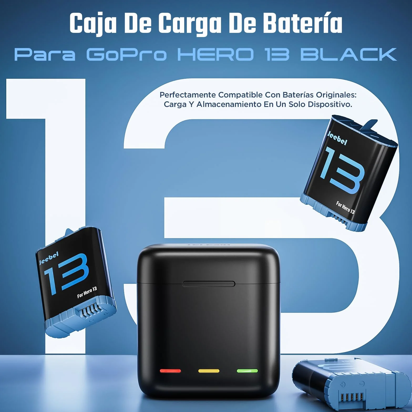Jeebel Cargador de Batería para GoPro Hero 13 Black — 3-Canales Cargador con Carga Rápida y Cable USB-C — Cargador Compacto Compatible con Batería Original de GoPro Hero 13 Black (Sin Batería)