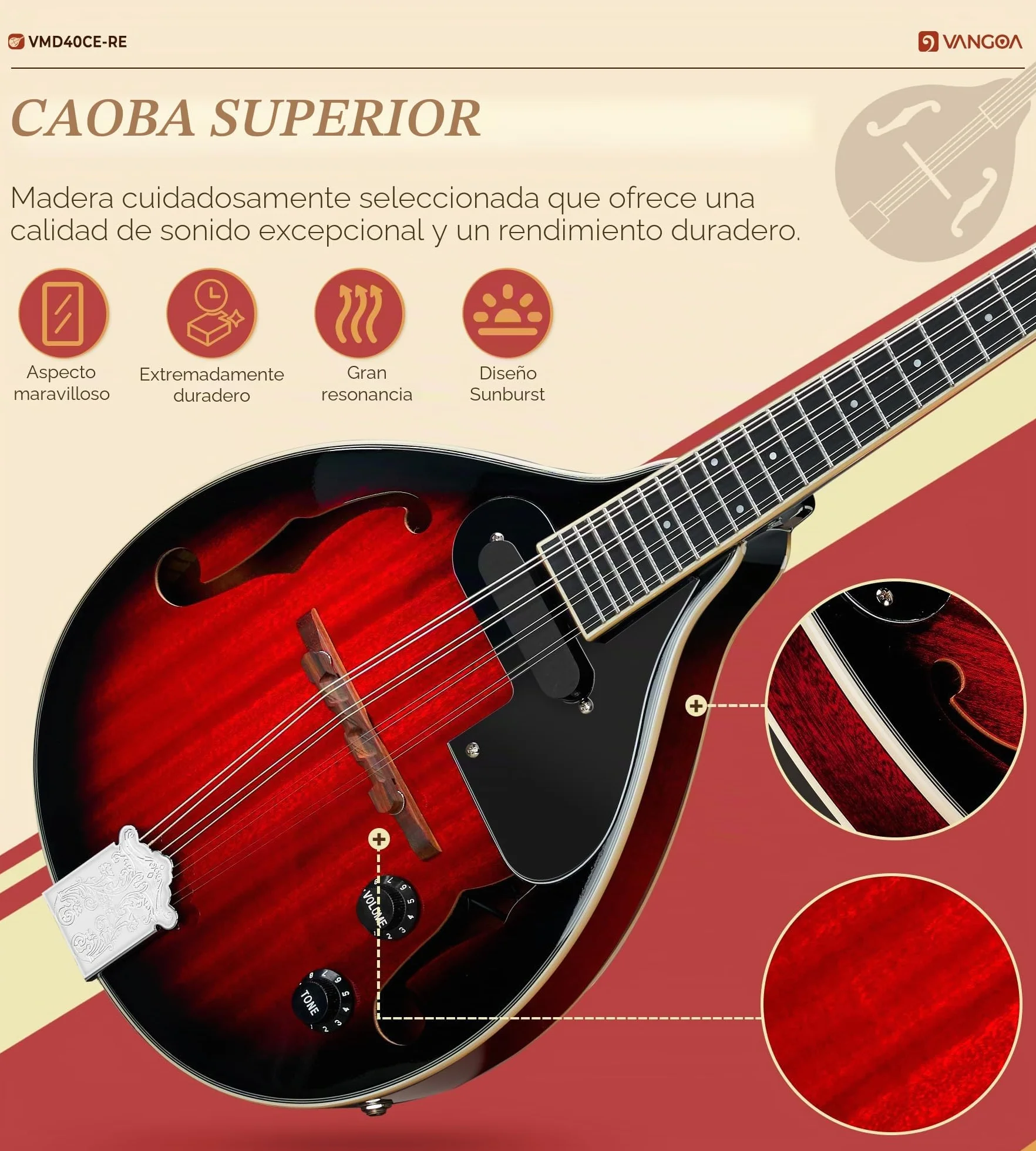 Vangoa Mandolina Eléctrica Acústica de Estilo A Instrumento de Mandolina para Principiantes Caoba Rojo con Bolsa de Concierto, Púas, Correa de Sintonizador de Cuerdas