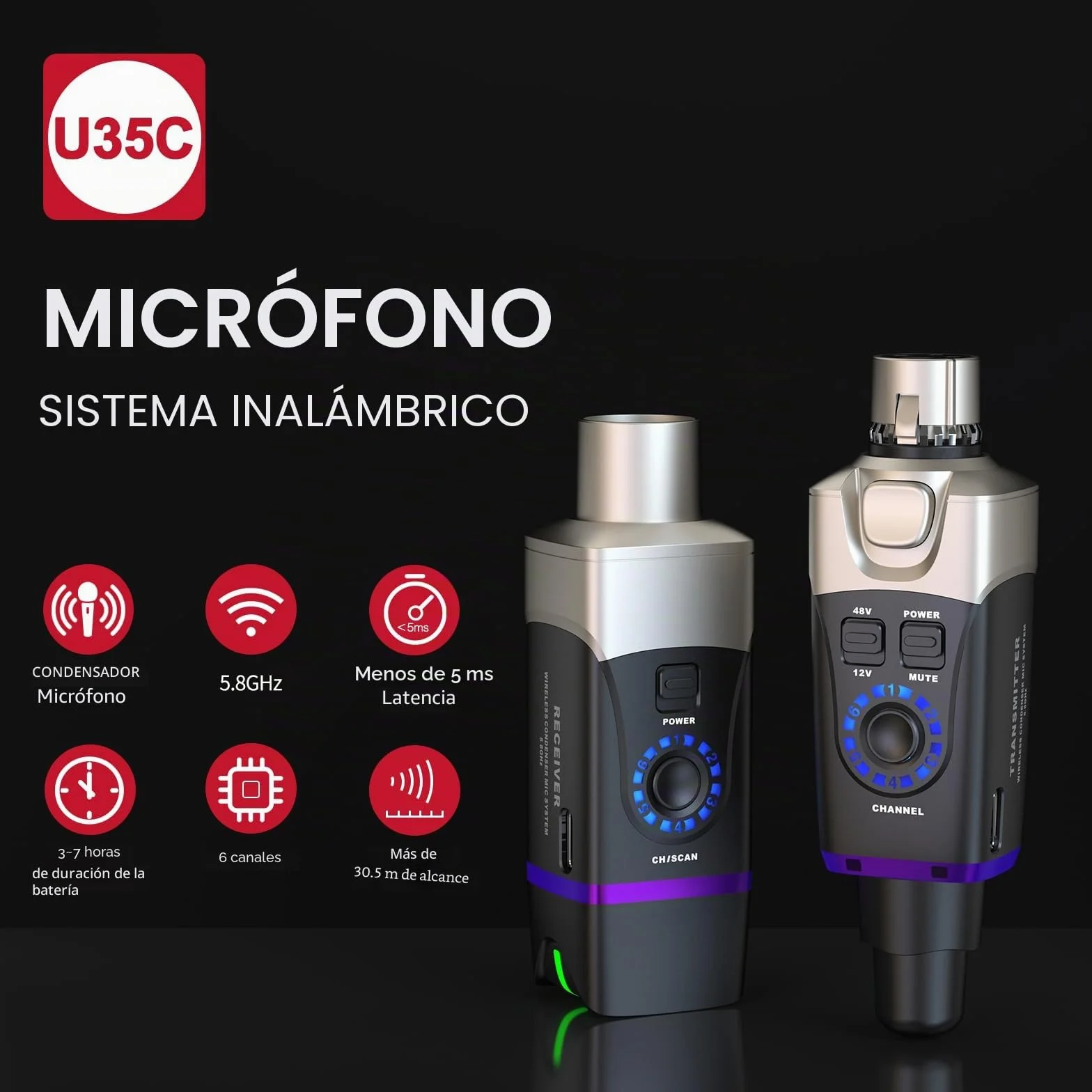 Xvive - U35C - Sistema inalámbrico enchufable para micrófono de condensador con alimentación fantasma de 48 V/12 V (5,8 GHz)