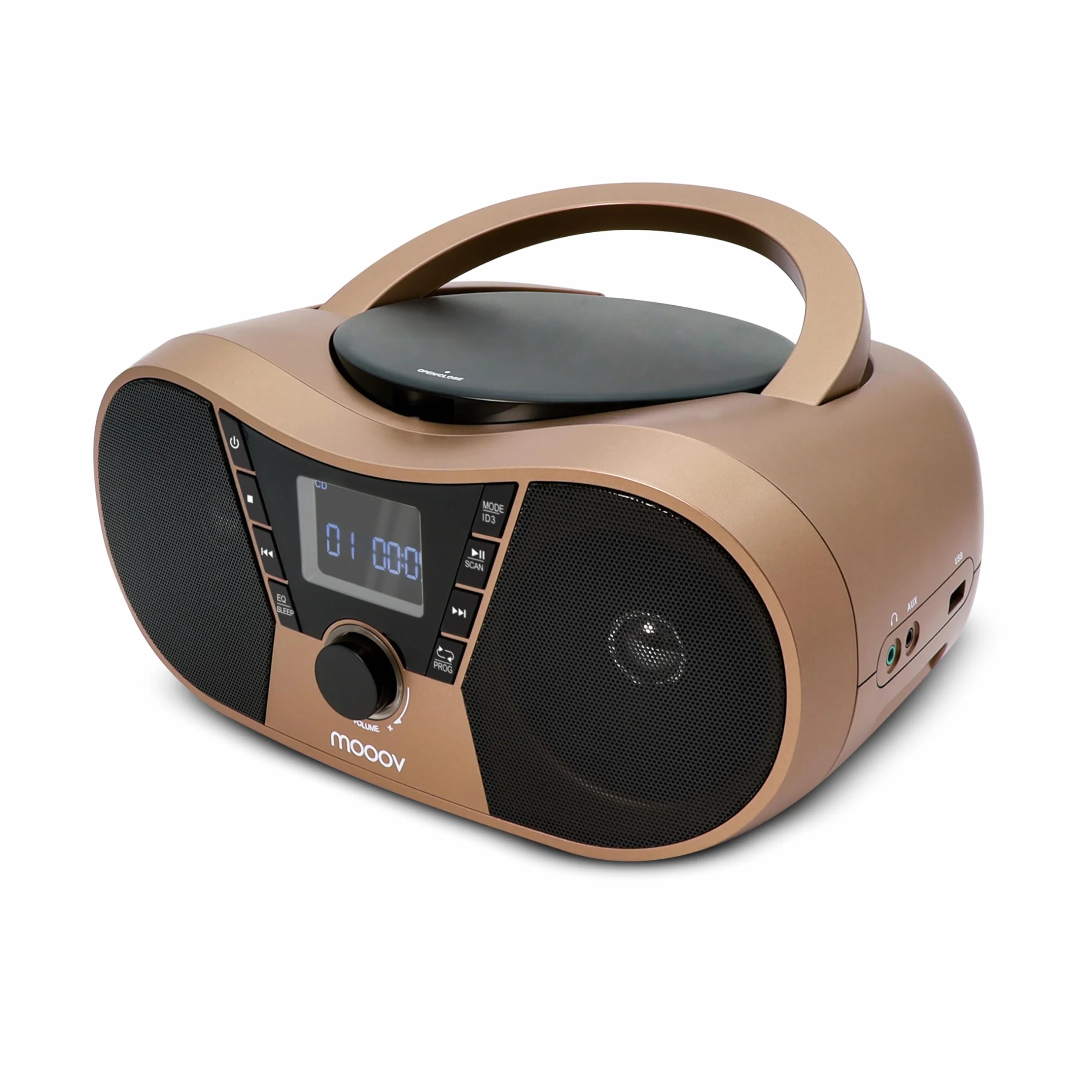 Mooov 477406 - Reproductor de CD portátil, Lector CD Audio CD-R/CD-RW, Radio FM, Puerto USB para MP3, Sonido estéreo de 4W, asa ergonómica, Funciones Sleep e ID3, Copper & Black